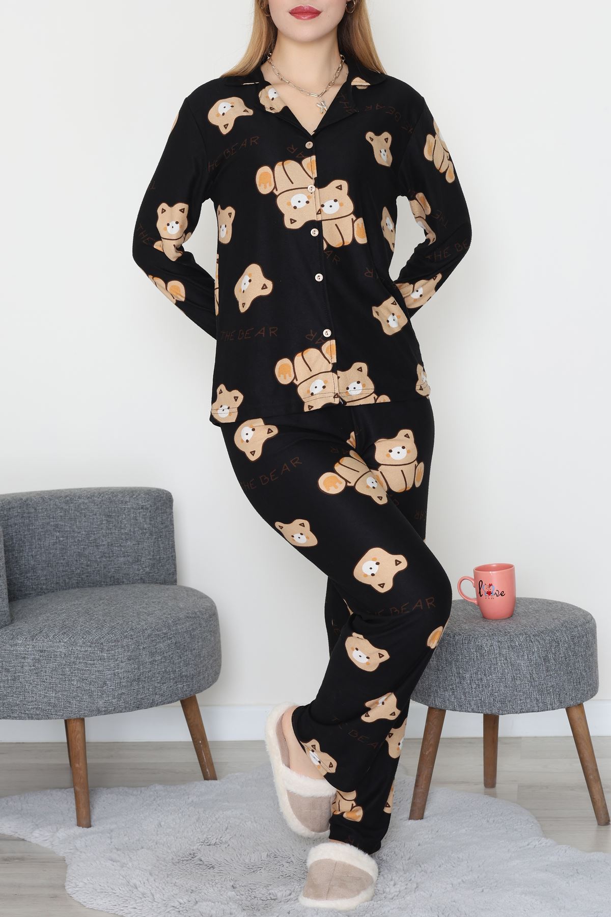 Düğmeli Süet Pijama Takımı Siyahayı - 450.1287.