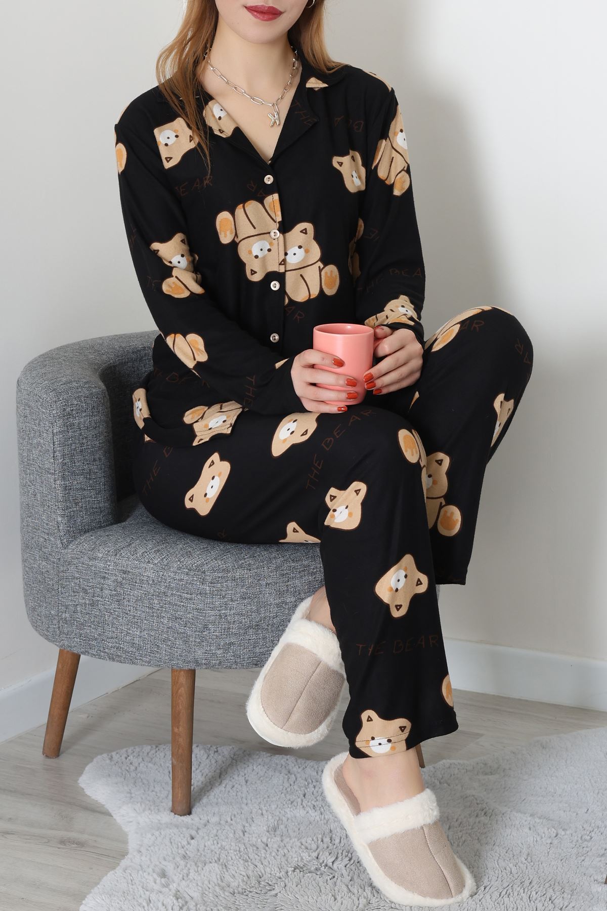 Düğmeli Süet Pijama Takımı Siyahayı - 450.1287.