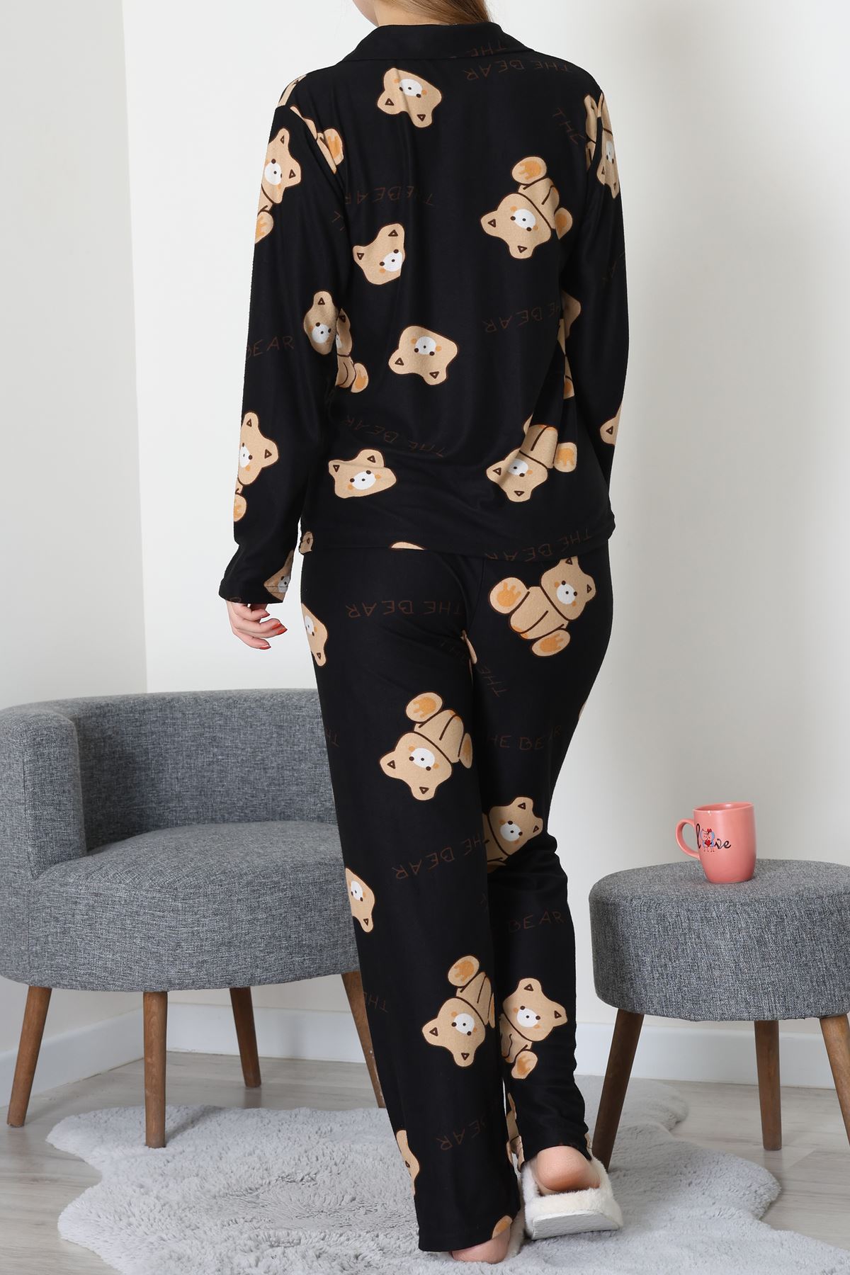 Düğmeli Süet Pijama Takımı Siyahayı - 450.1287.