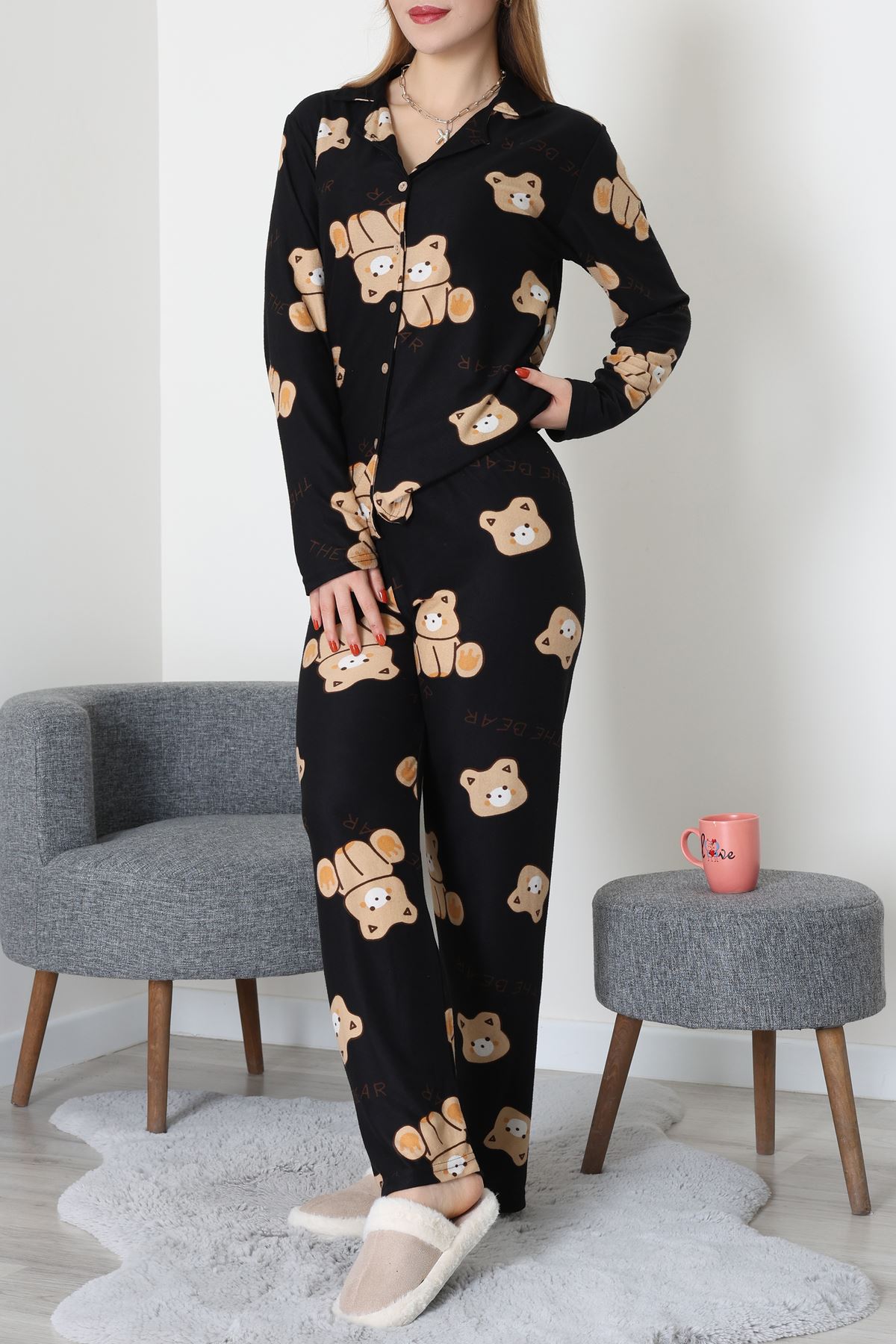 Düğmeli Süet Pijama Takımı Siyahayı - 450.1287.