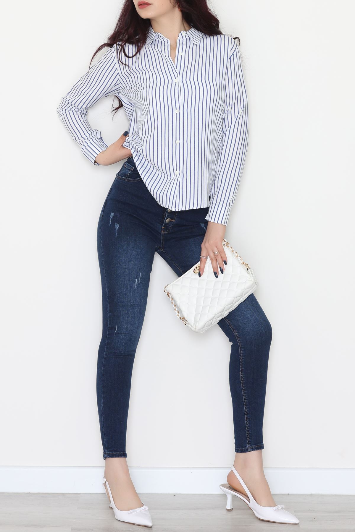 Pamuk Polyester Çizgili Gömlek Açıkmavibeyaz2 - 51064.147.