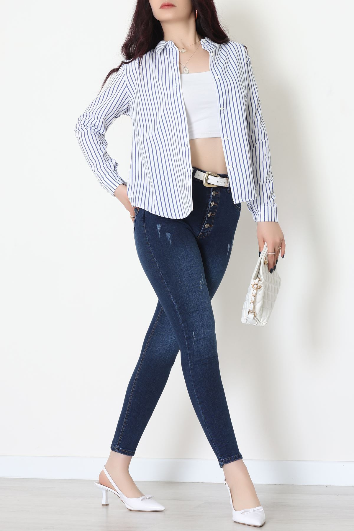 Pamuk Polyester Çizgili Gömlek Açıkmavibeyaz2 - 51064.147.