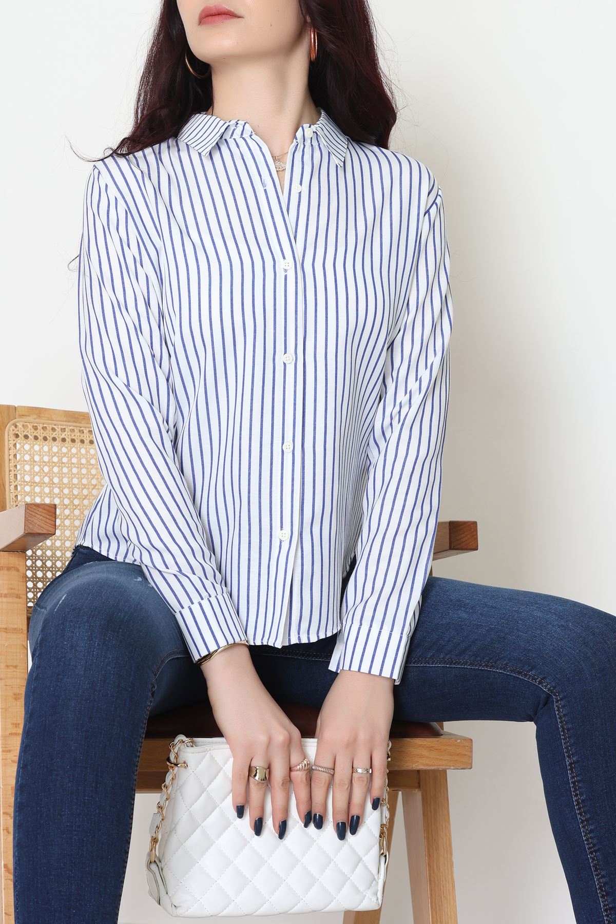 Pamuk Polyester Çizgili Gömlek Açıkmavibeyaz2 - 51064.147.