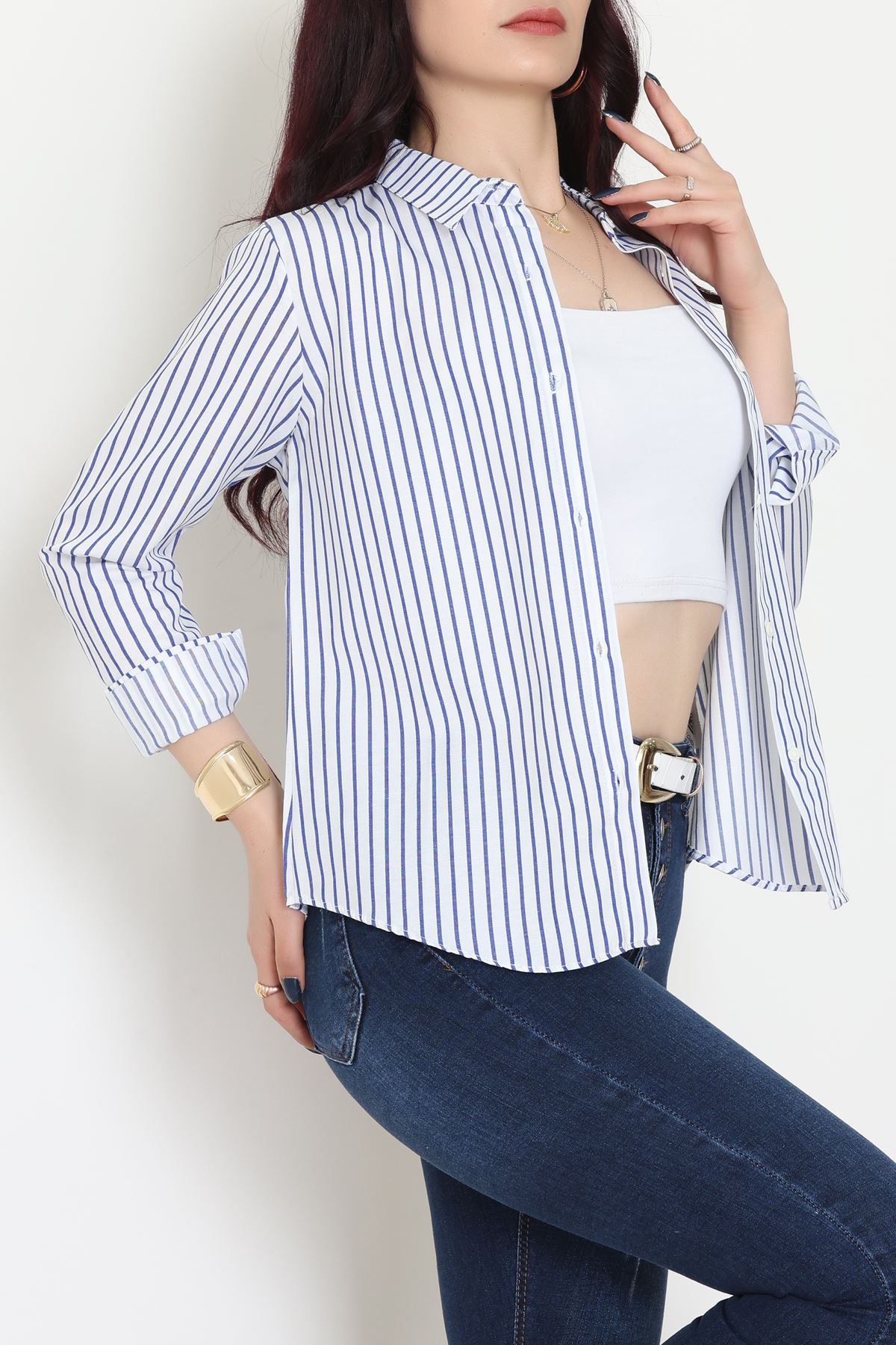 Pamuk Polyester Çizgili Gömlek Açıkmavibeyaz2 - 51064.147.