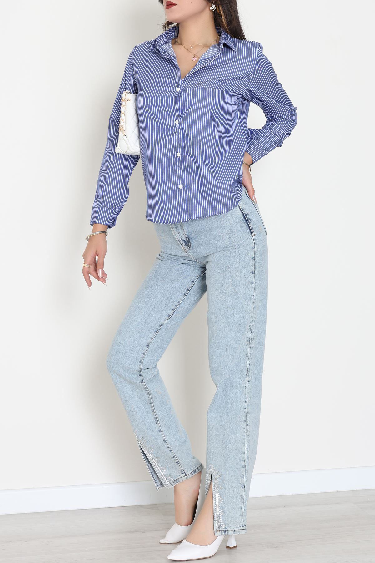 Pamuk Polyester Çizgili Gömlek Açıkmavibeyaz1 - 51064.147.