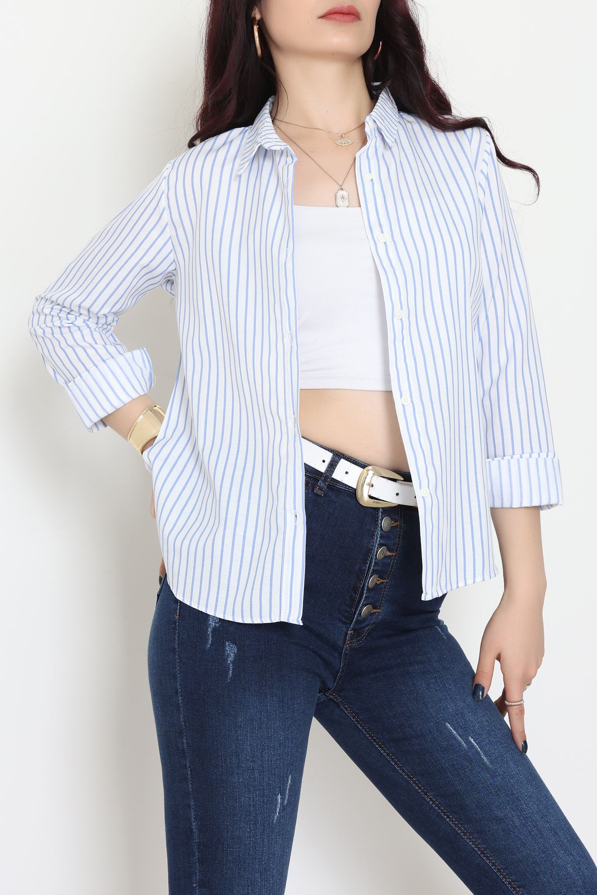 Pamuk Polyester Çizgili Gömlek Açıkmavibeyaz3 - 51064.147.