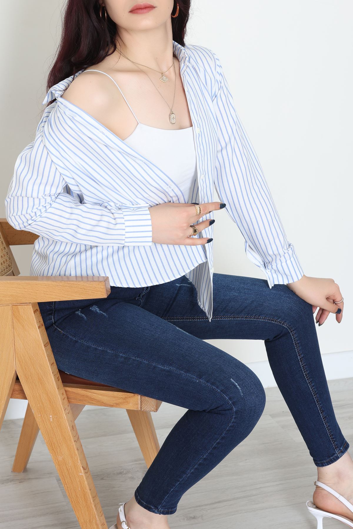 Pamuk Polyester Çizgili Gömlek Açıkmavibeyaz3 - 51064.147.