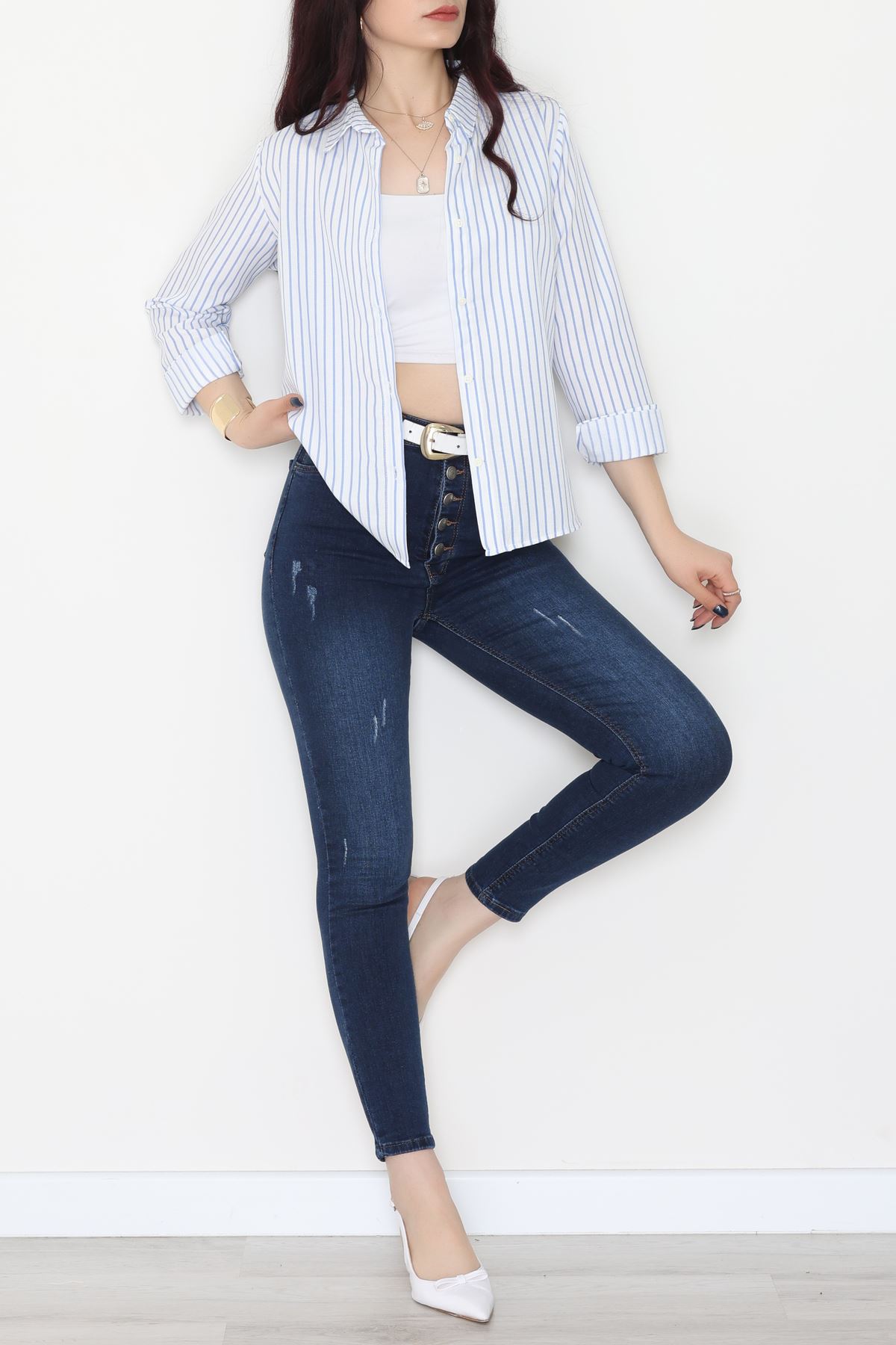 Pamuk Polyester Çizgili Gömlek Açıkmavibeyaz3 - 51064.147.