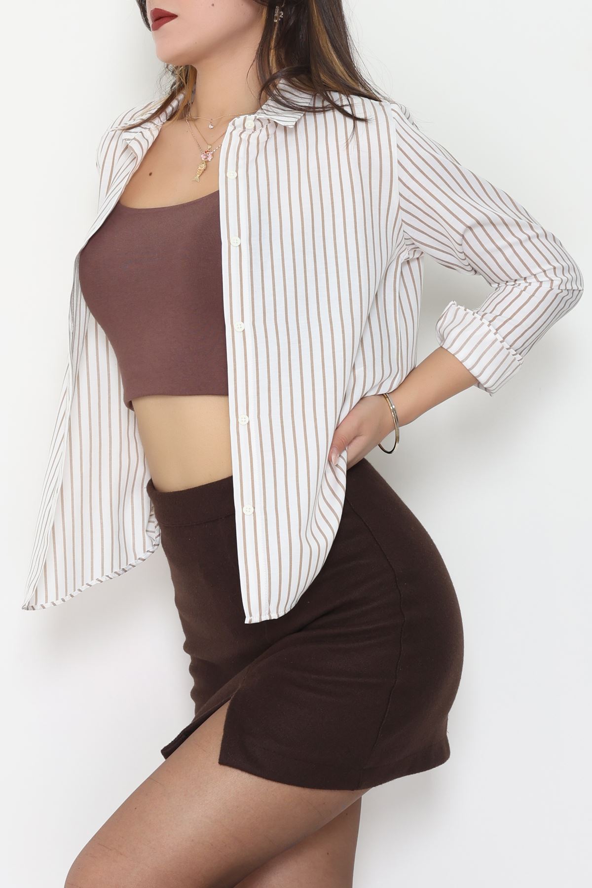 Pamuk Polyester Çizgili Gömlek Bejbeyaz - 51064.147.