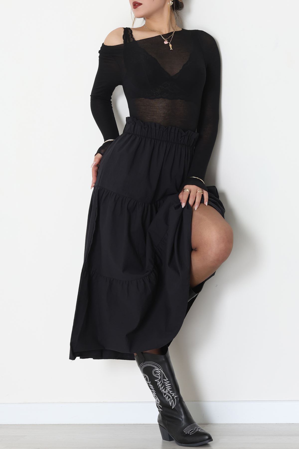 Pamuklu Dokuma Çingene Etek Siyah - 51058.1837.