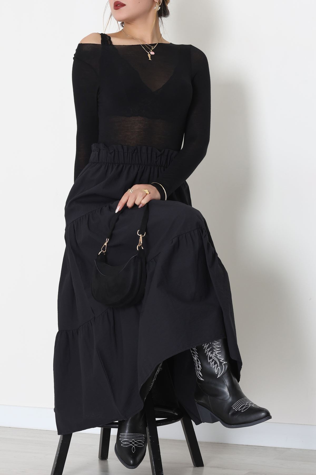 Pamuklu Dokuma Çingene Etek Siyah - 51058.1837.