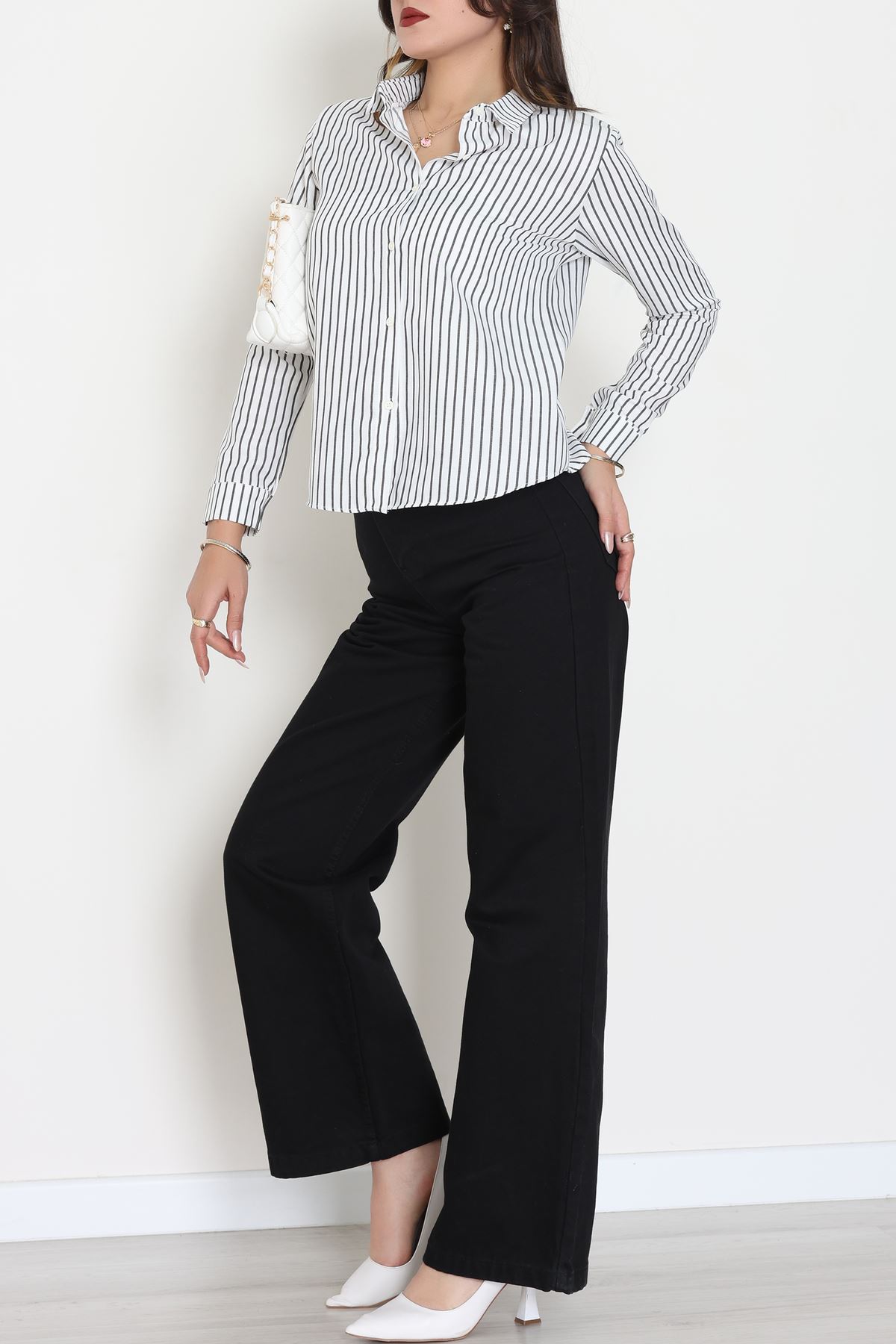 Pamuk Polyester Çizgili Gömlek Beyazsiyah - 51064.147.