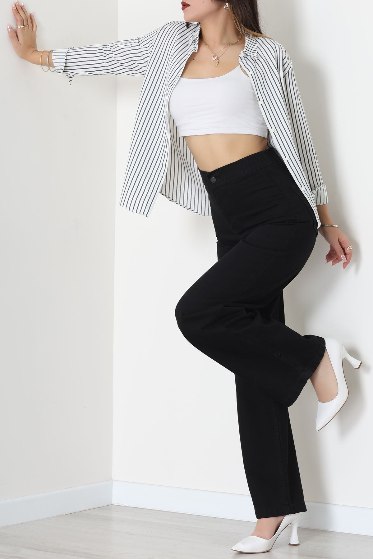 Pamuk Polyester Çizgili Gömlek Beyazsiyah - 51064.147.