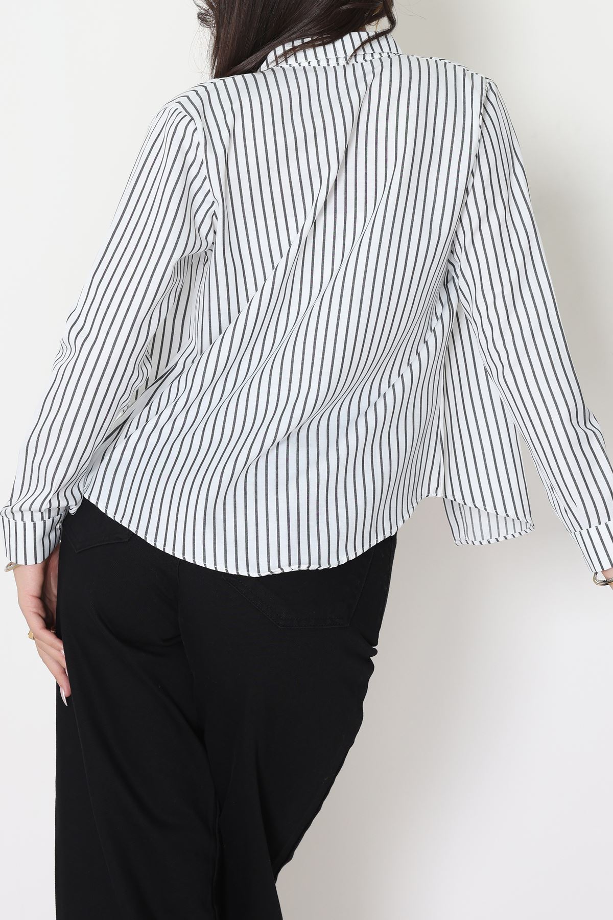Pamuk Polyester Çizgili Gömlek Beyazsiyah - 51064.147.