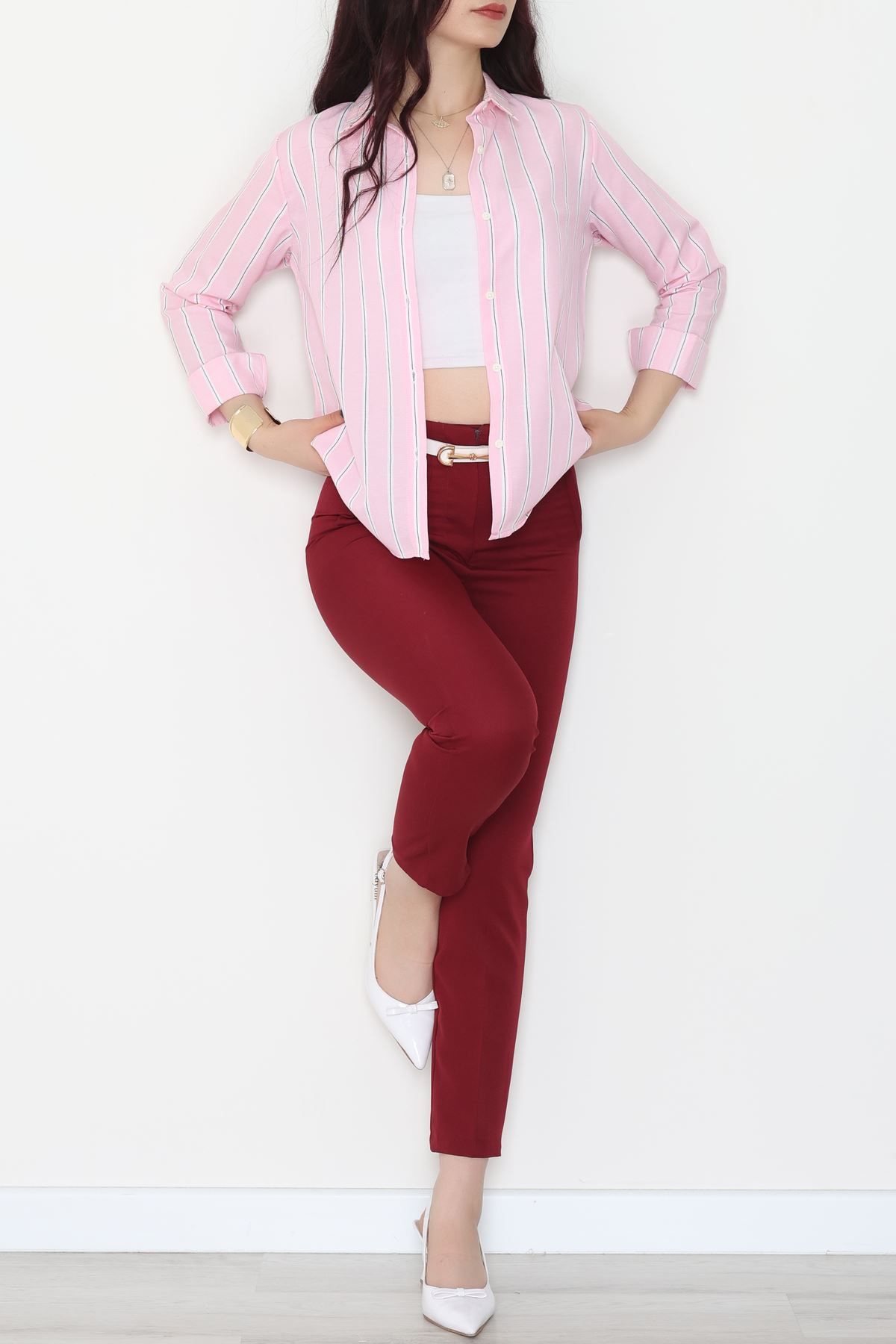 Pamuk Polyester Çizgili Gömlek Pembebeyaz1 - 51064.147.