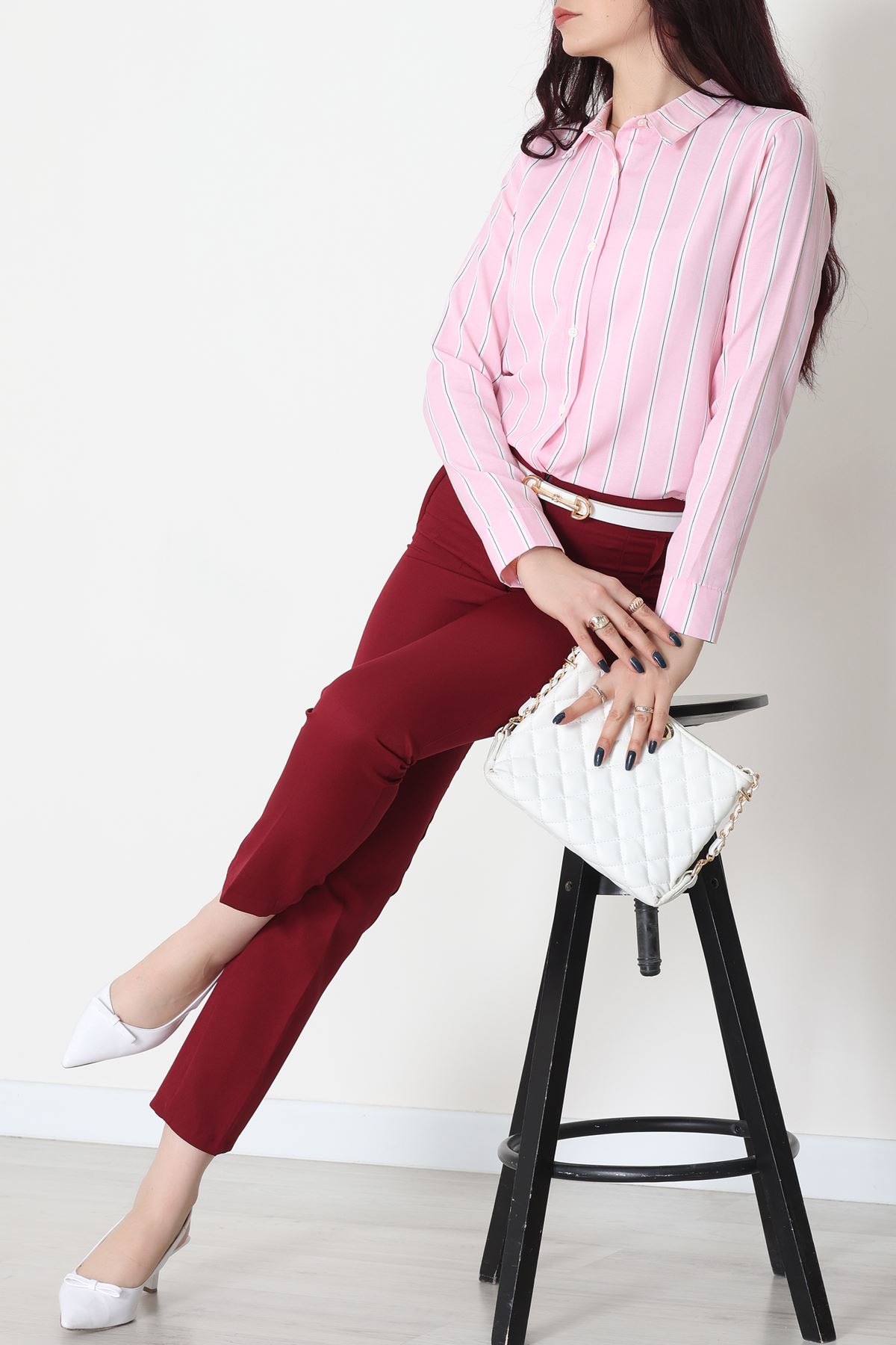 Pamuk Polyester Çizgili Gömlek Pembebeyaz1 - 51064.147.