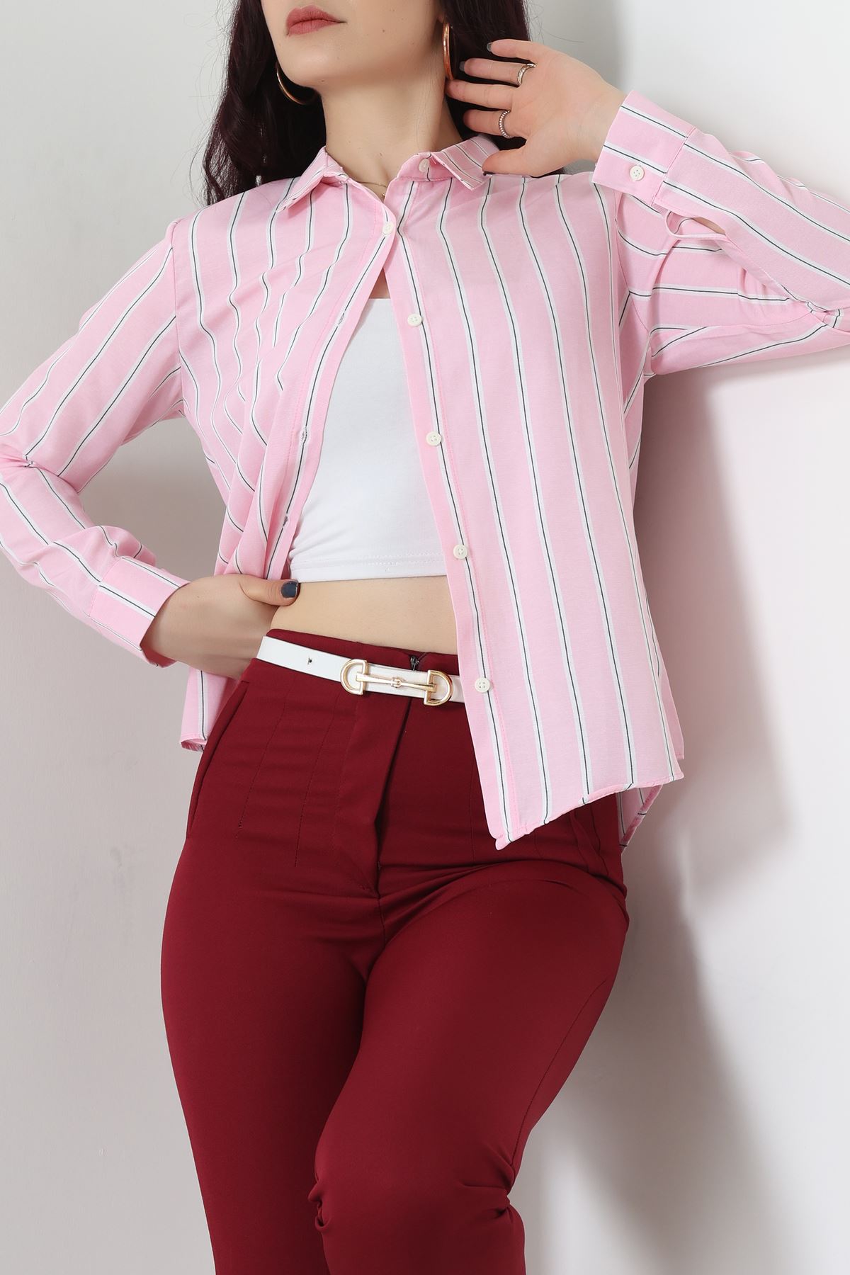 Pamuk Polyester Çizgili Gömlek Pembebeyaz1 - 51064.147.