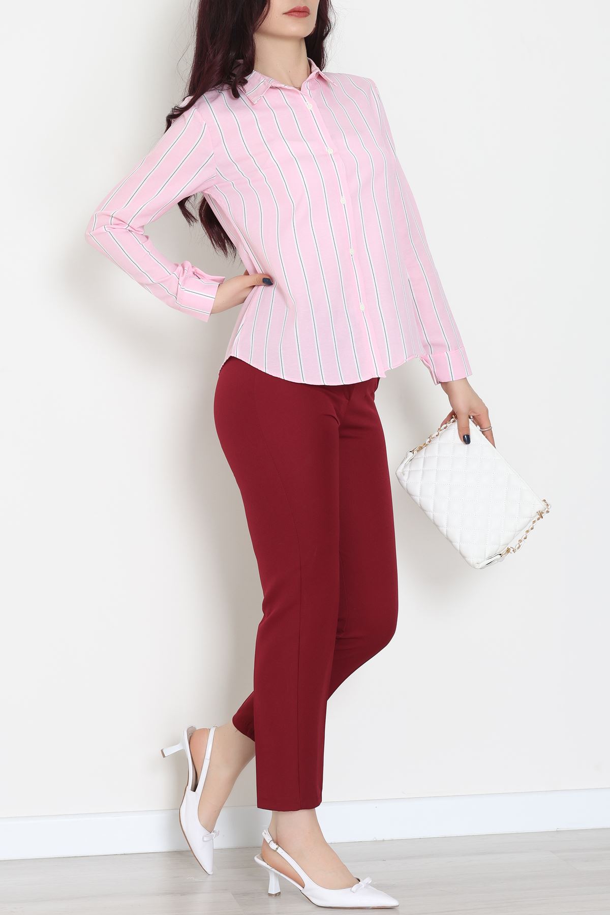 Pamuk Polyester Çizgili Gömlek Pembebeyaz1 - 51064.147.