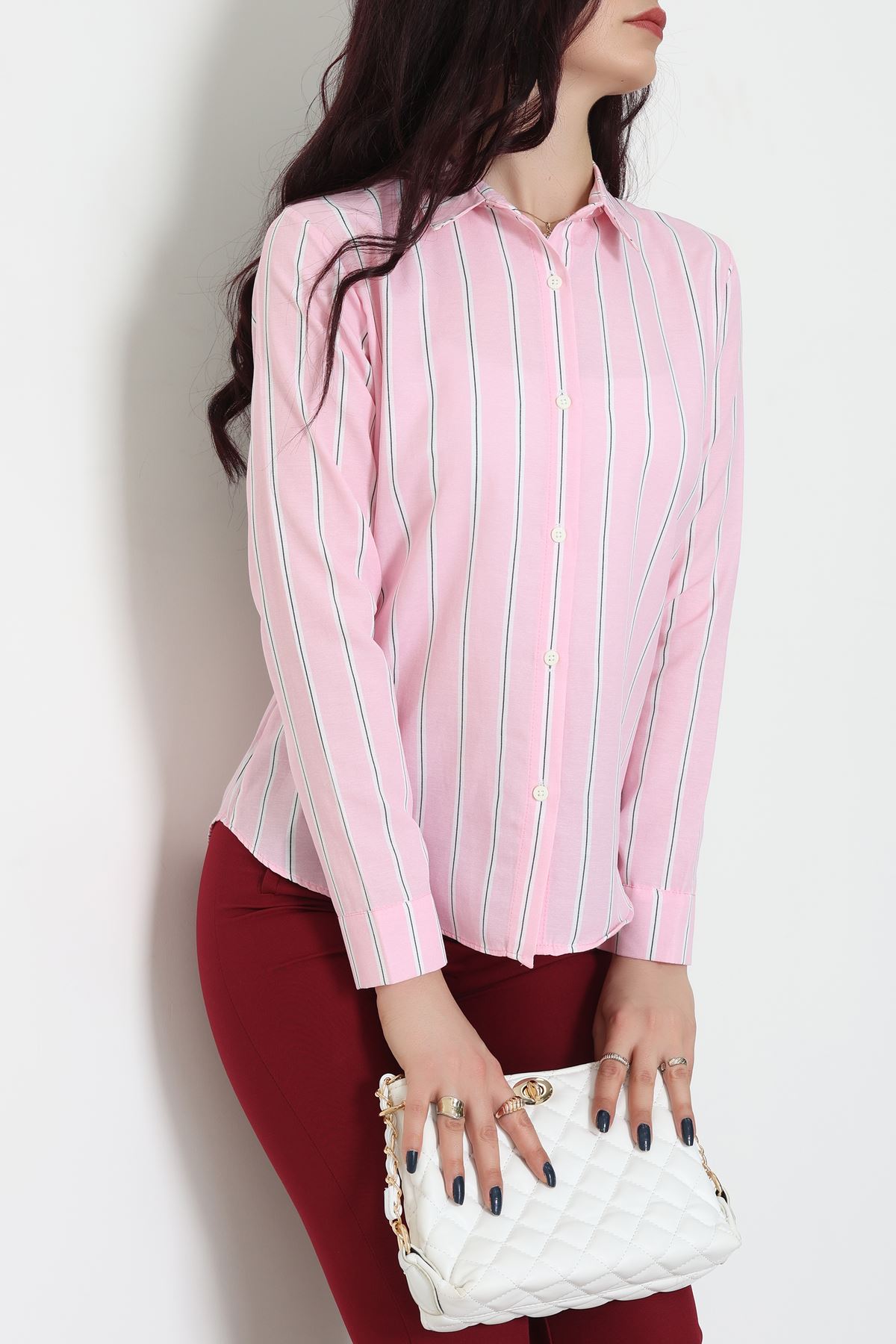 Pamuk Polyester Çizgili Gömlek Pembebeyaz1 - 51064.147.