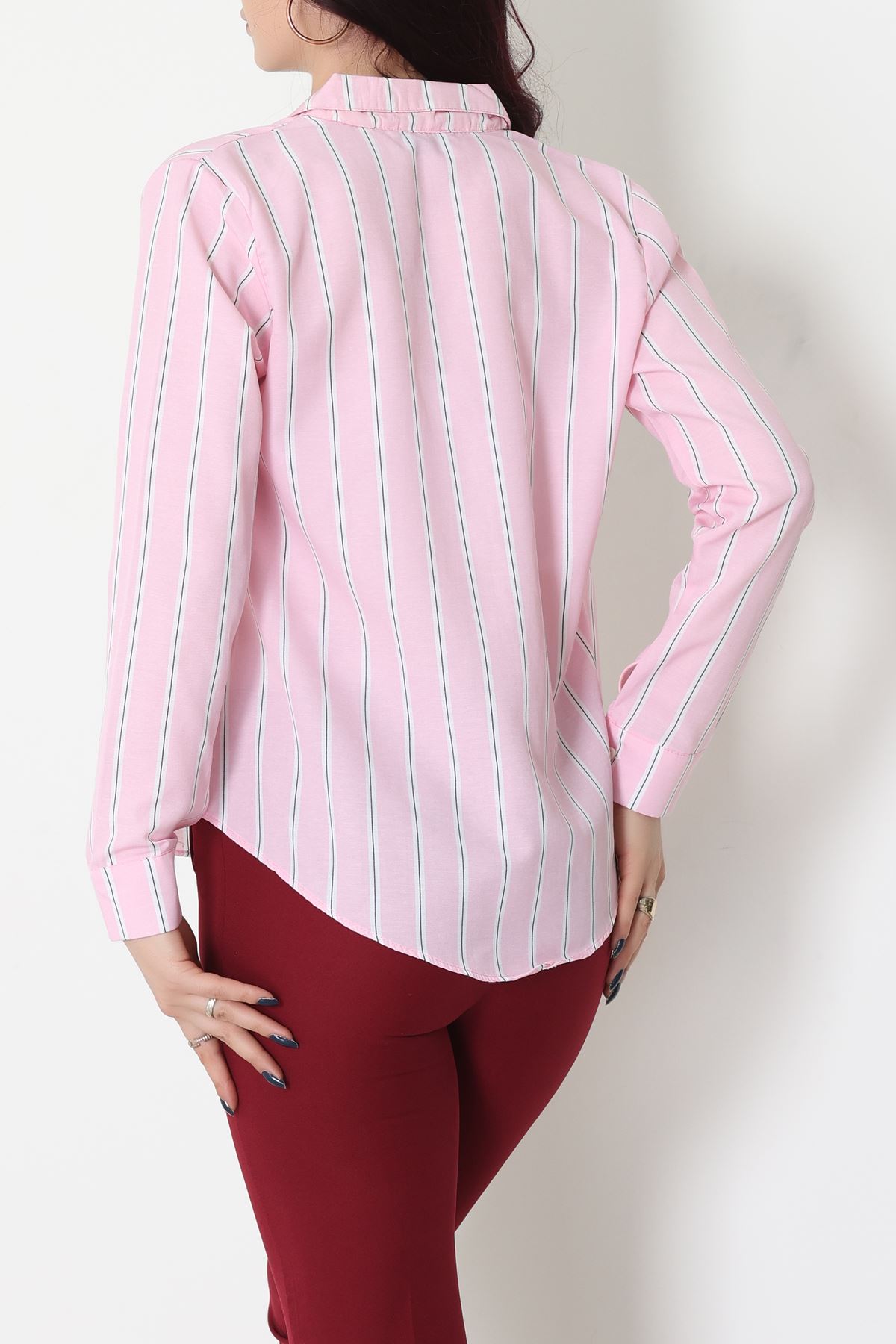 Pamuk Polyester Çizgili Gömlek Pembebeyaz1 - 51064.147.