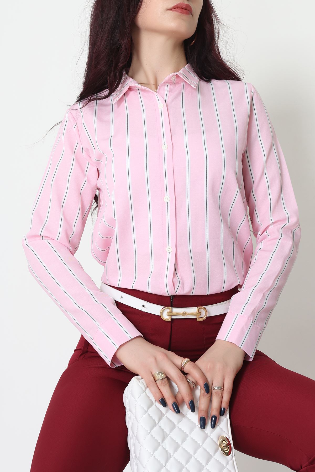 Pamuk Polyester Çizgili Gömlek Pembebeyaz1 - 51064.147.