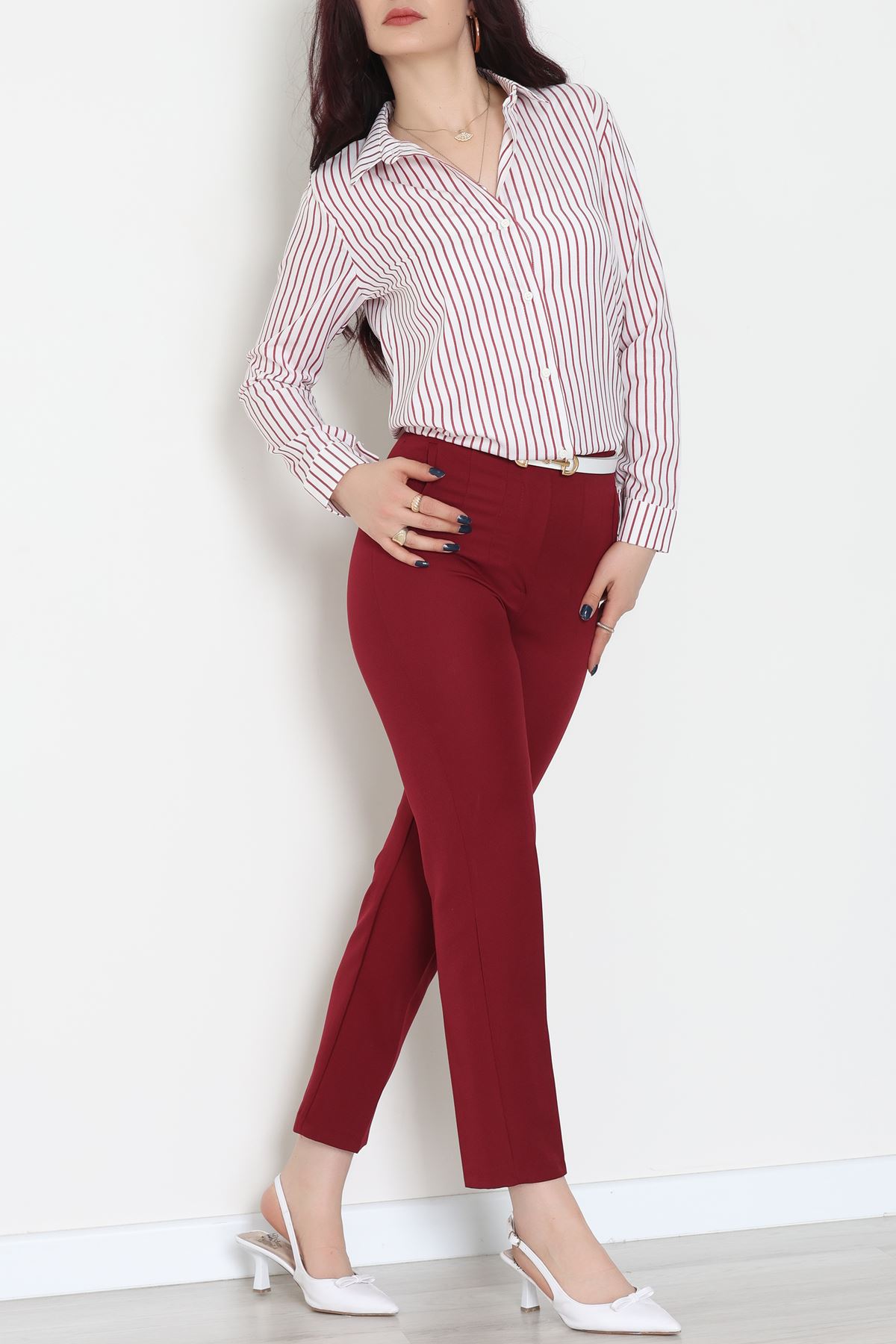 Pamuk Polyester Çizgili Gömlek Bordobeyaz - 51064.147.