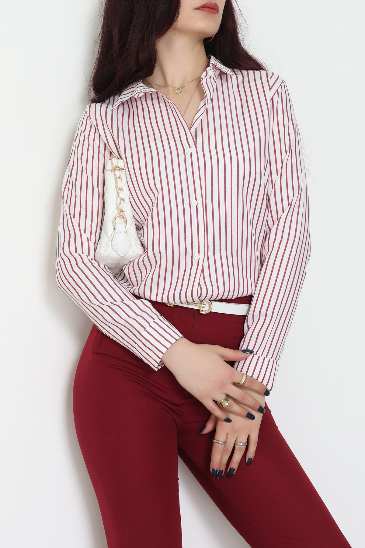 Pamuk Polyester Çizgili Gömlek Bordobeyaz - 51064.147.