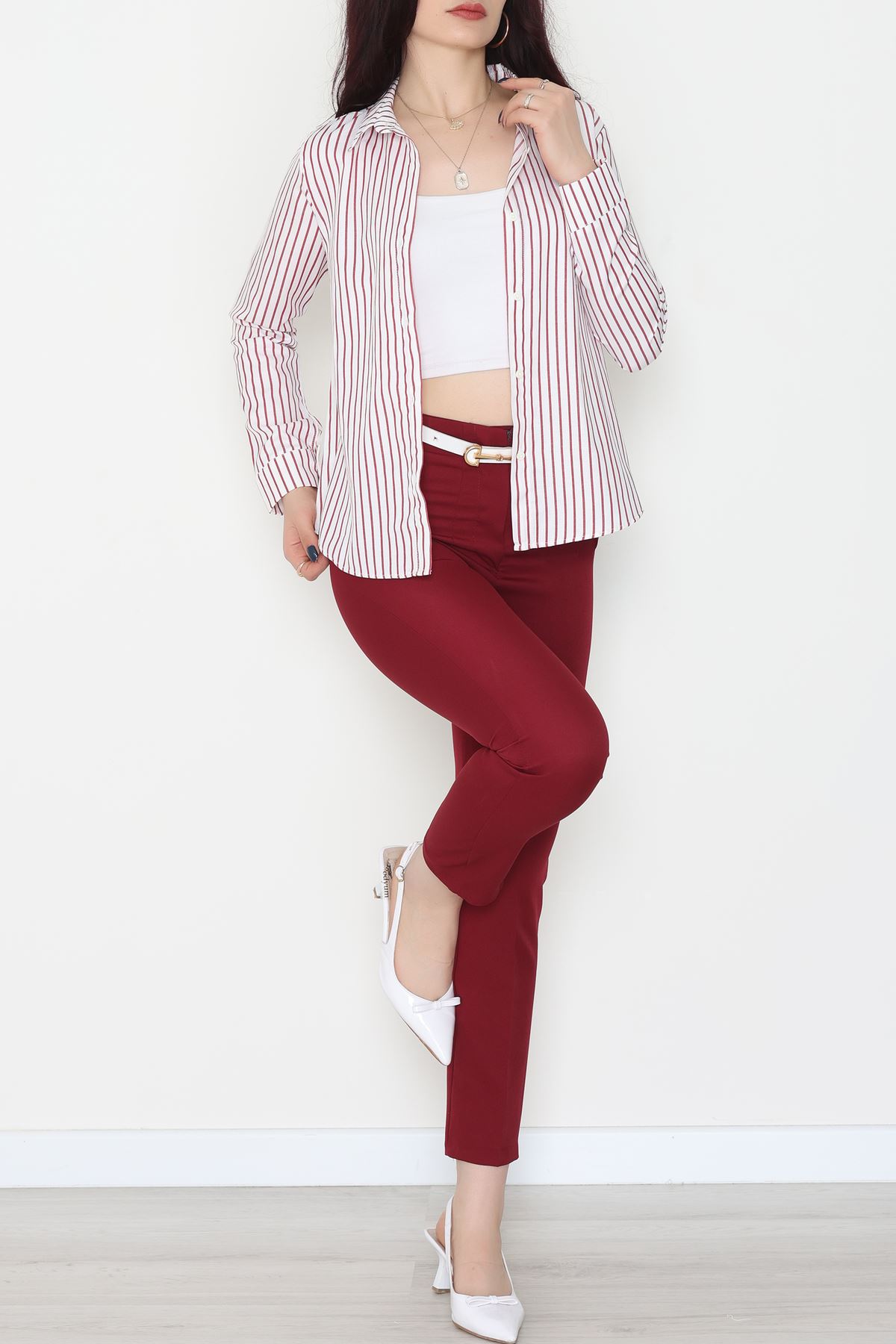 Pamuk Polyester Çizgili Gömlek Bordobeyaz - 51064.147.