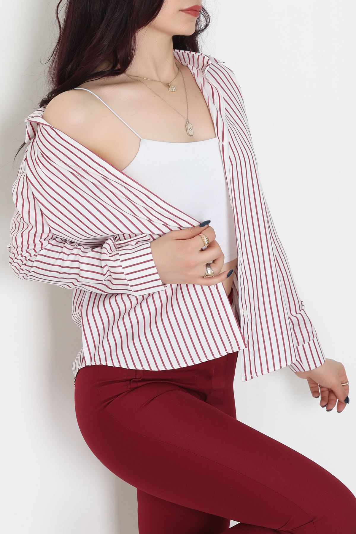 Pamuk Polyester Çizgili Gömlek Bordobeyaz - 51064.147.