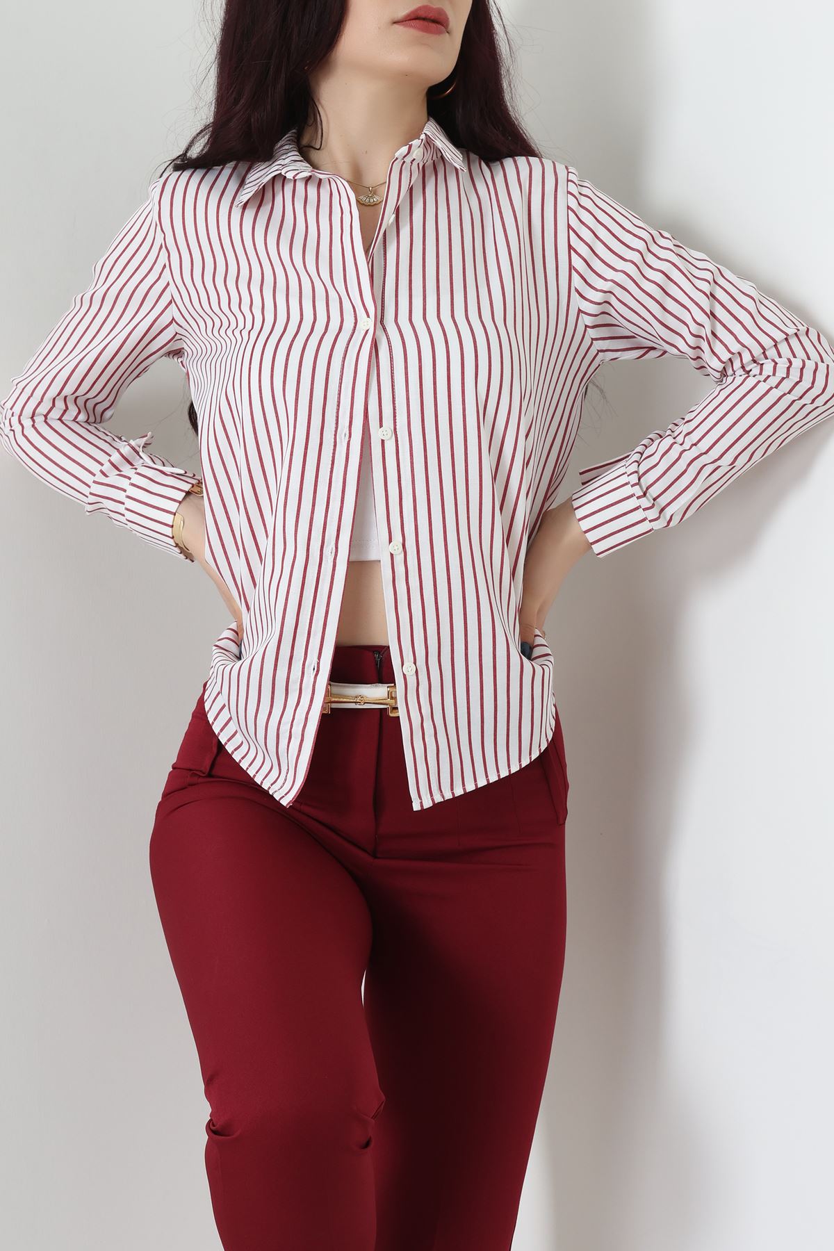 Pamuk Polyester Çizgili Gömlek Bordobeyaz - 51064.147.