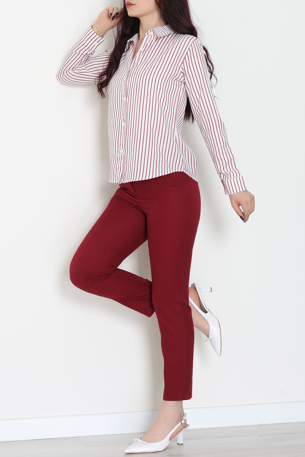 Pamuk Polyester Çizgili Gömlek Bordobeyaz - 51064.147.