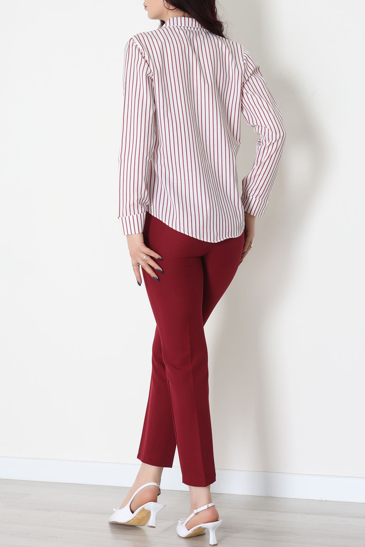 Pamuk Polyester Çizgili Gömlek Bordobeyaz - 51064.147.