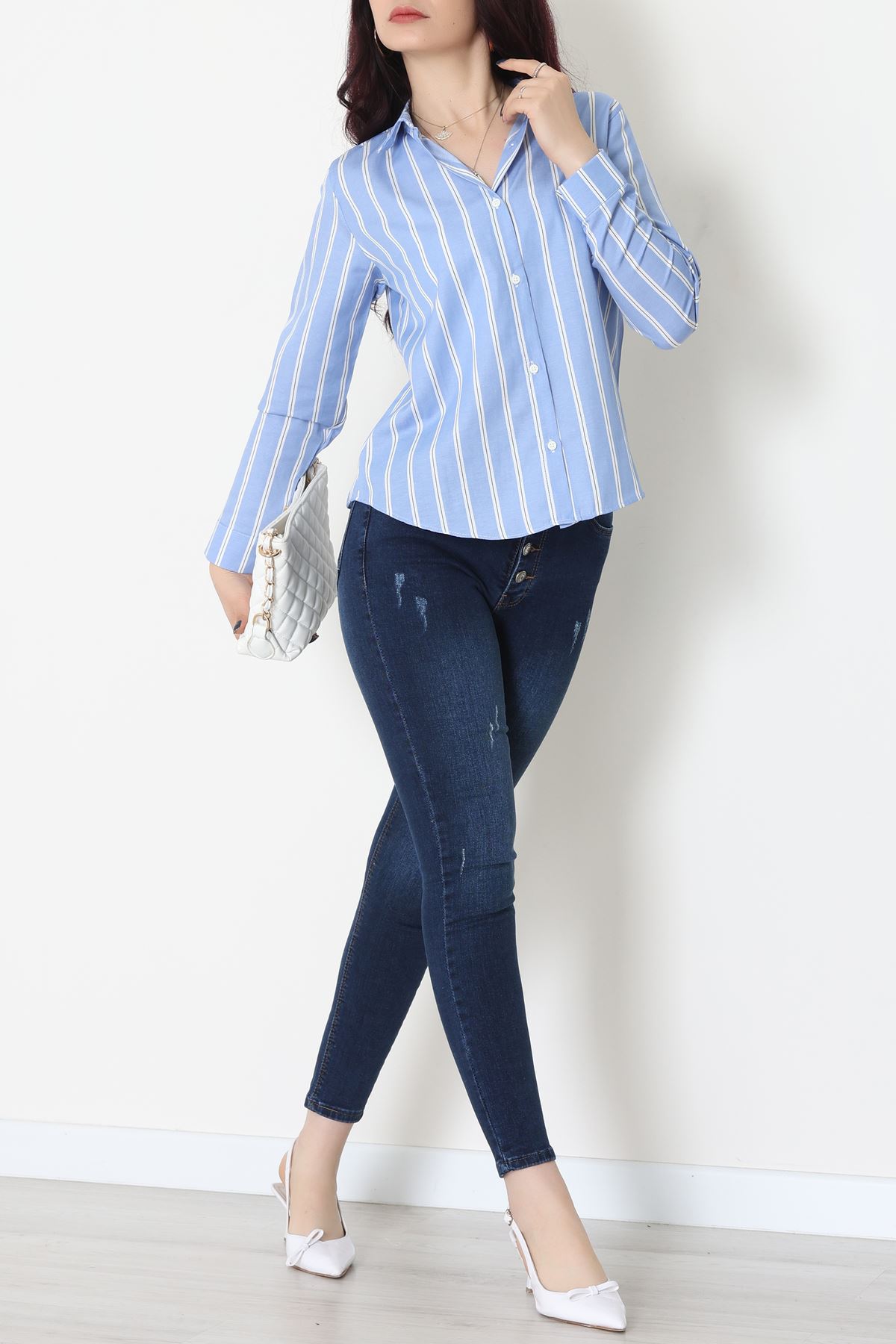 Pamuk Polyester Çizgili Gömlek Koyumavibeyaz2 - 51064.147.