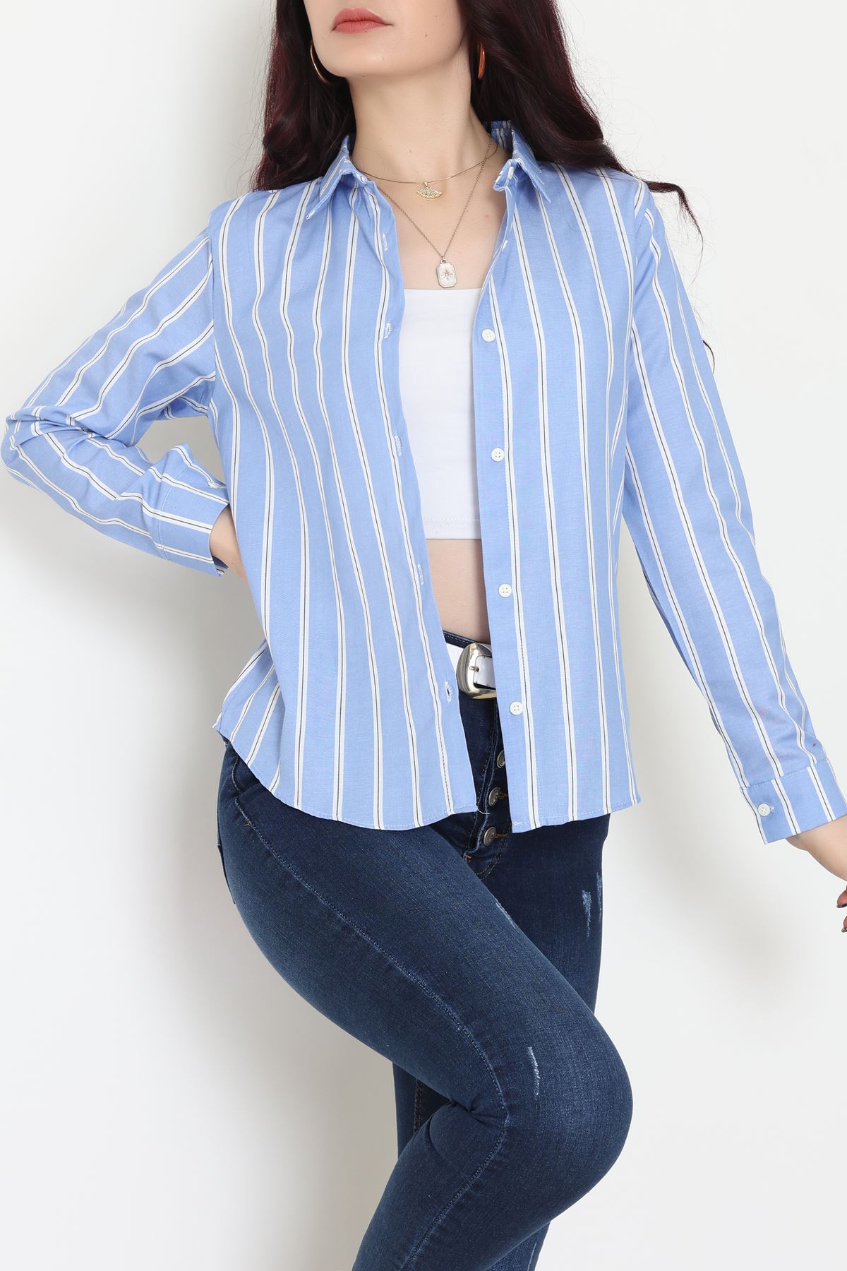 Pamuk Polyester Çizgili Gömlek Koyumavibeyaz2 - 51064.147.