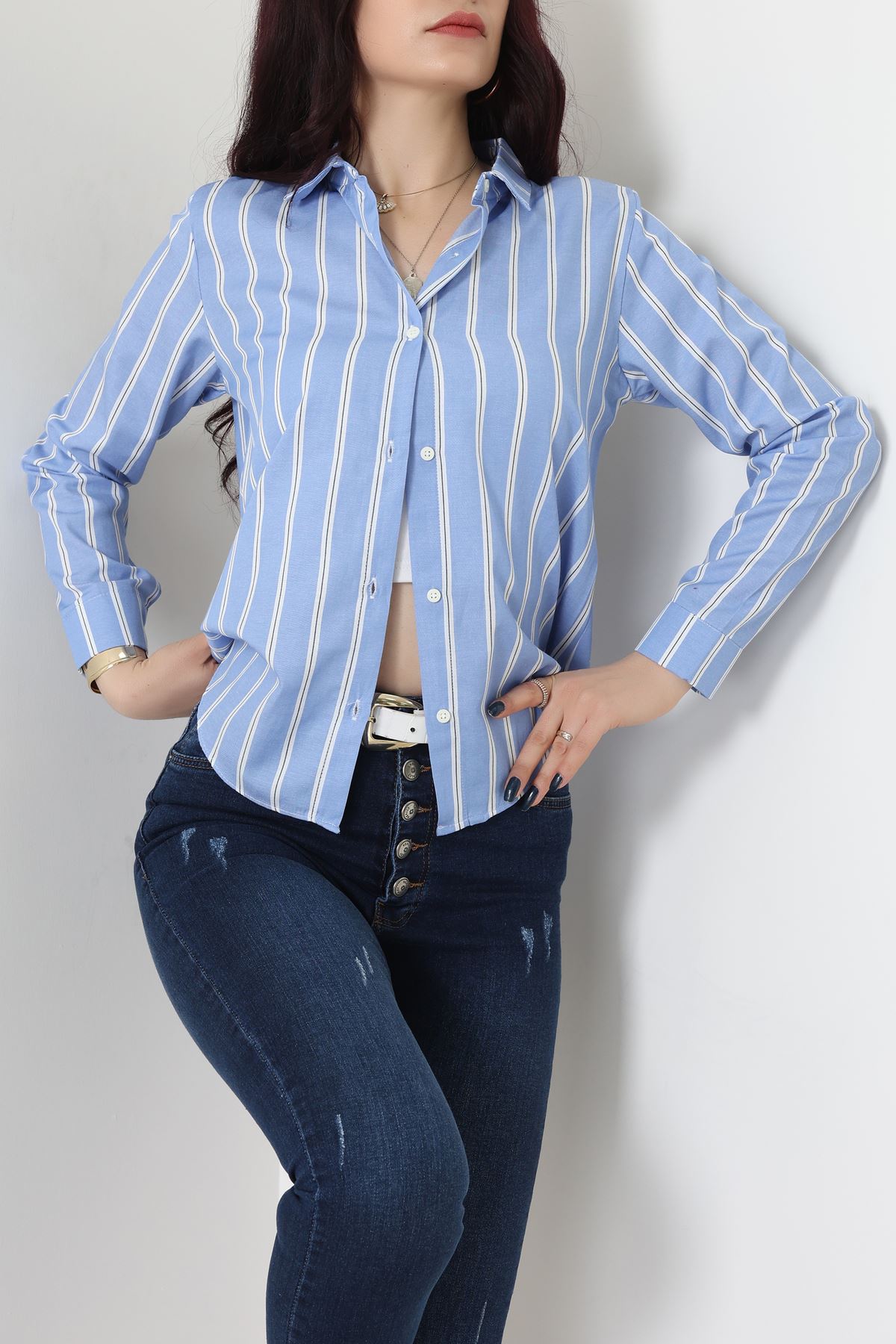 Pamuk Polyester Çizgili Gömlek Koyumavibeyaz2 - 51064.147.