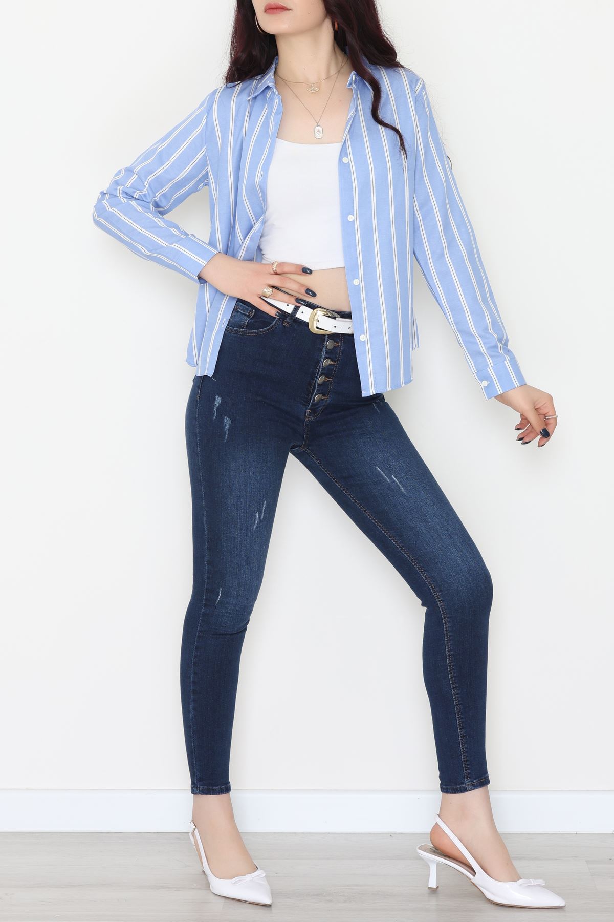 Pamuk Polyester Çizgili Gömlek Koyumavibeyaz2 - 51064.147.