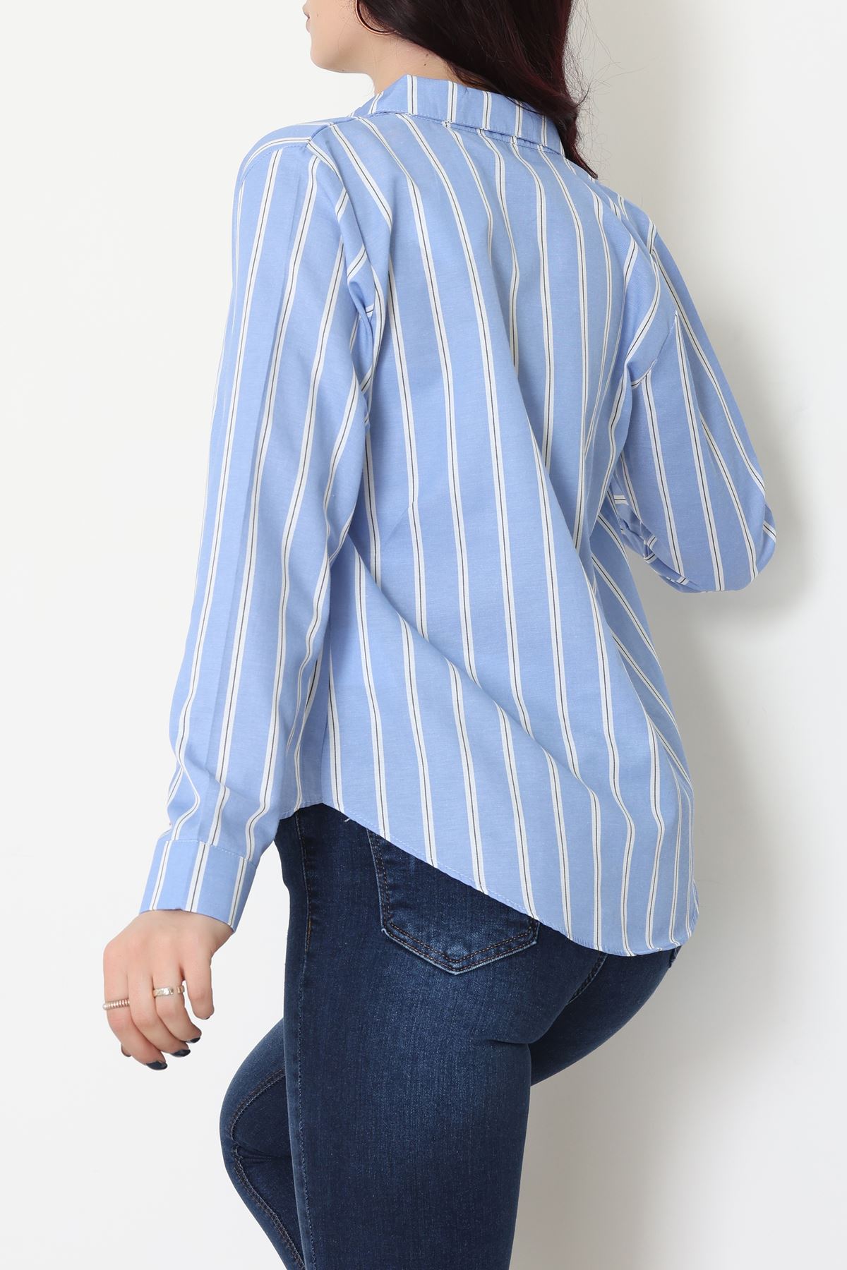 Pamuk Polyester Çizgili Gömlek Koyumavibeyaz2 - 51064.147.