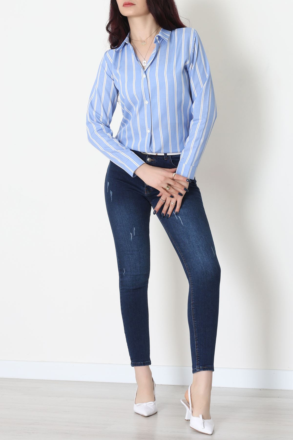 Pamuk Polyester Çizgili Gömlek Koyumavibeyaz2 - 51064.147.