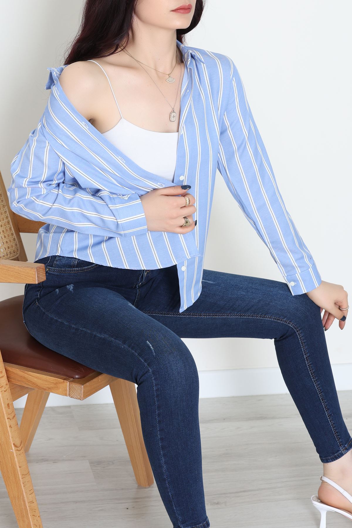 Pamuk Polyester Çizgili Gömlek Koyumavibeyaz2 - 51064.147.