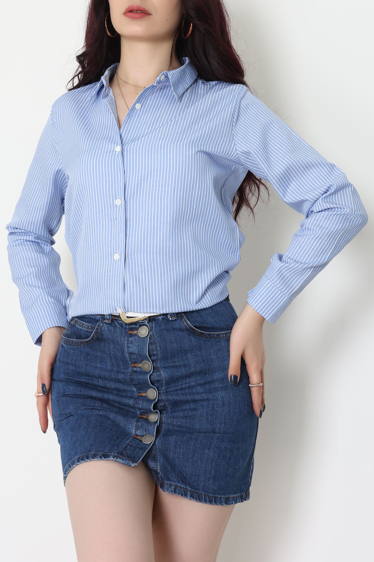 Pamuk Polyester Çizgili Gömlek Açıkmavibeyaz - 51064.147.