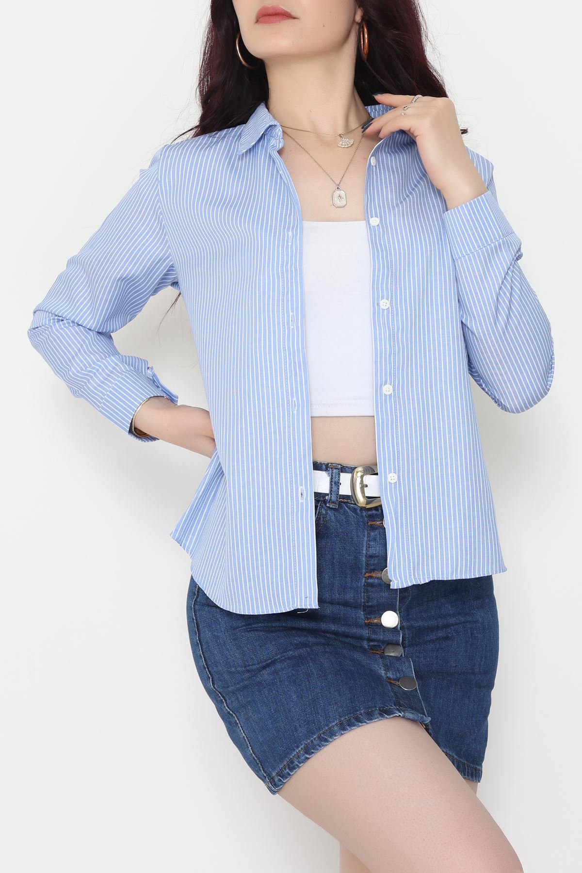 Pamuk Polyester Çizgili Gömlek Açıkmavibeyaz - 51064.147.