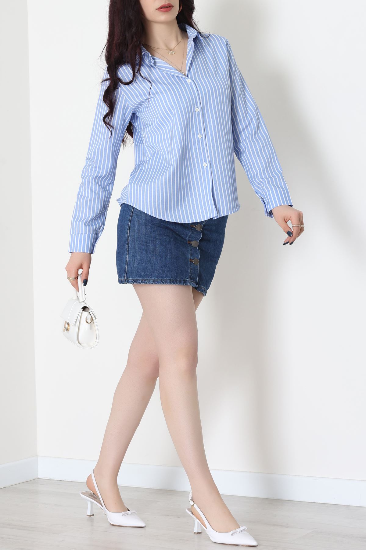 Pamuk Polyester Çizgili Gömlek Koyumavibeyaz3 - 51064.147.