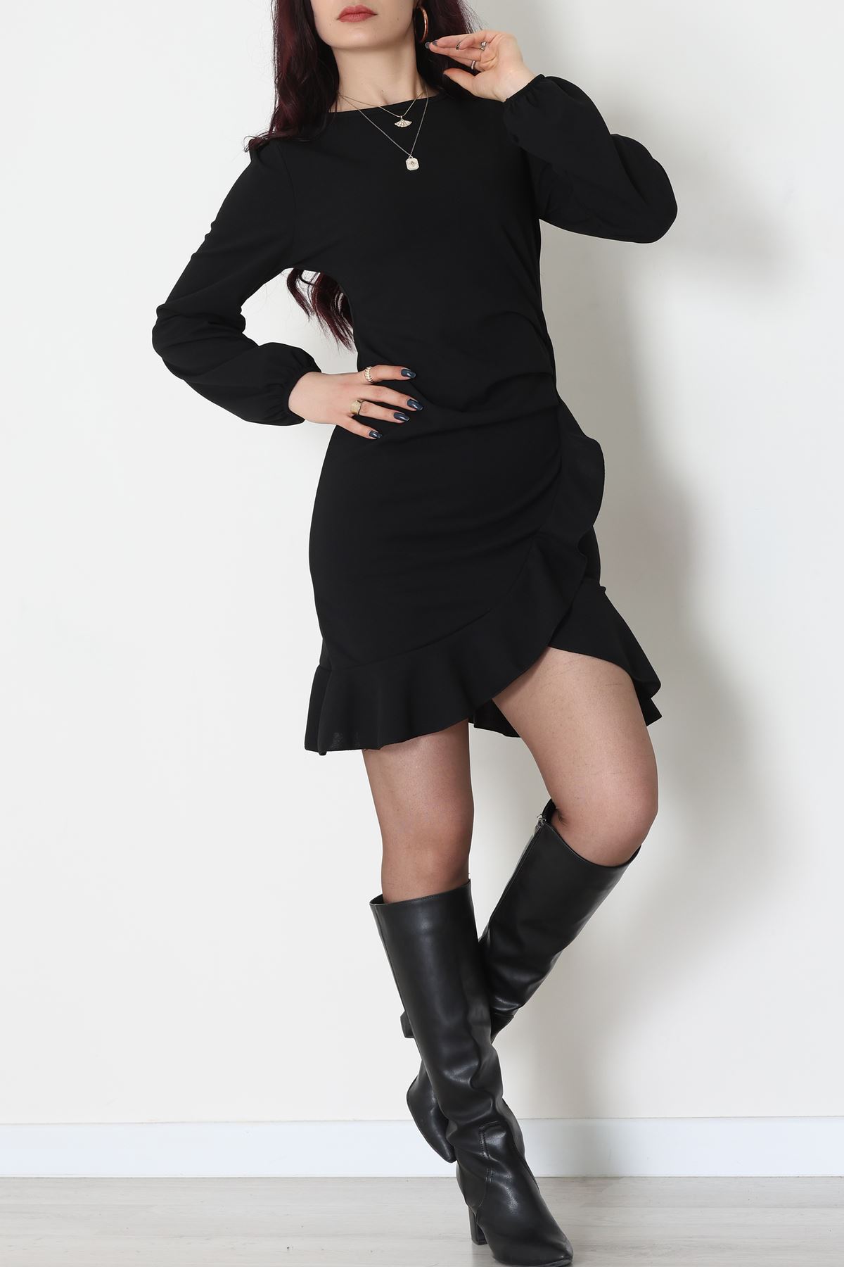 Bisiklet Yaka Önden Volanlı İthal Krep Elbise Siyah - 42685.1256.