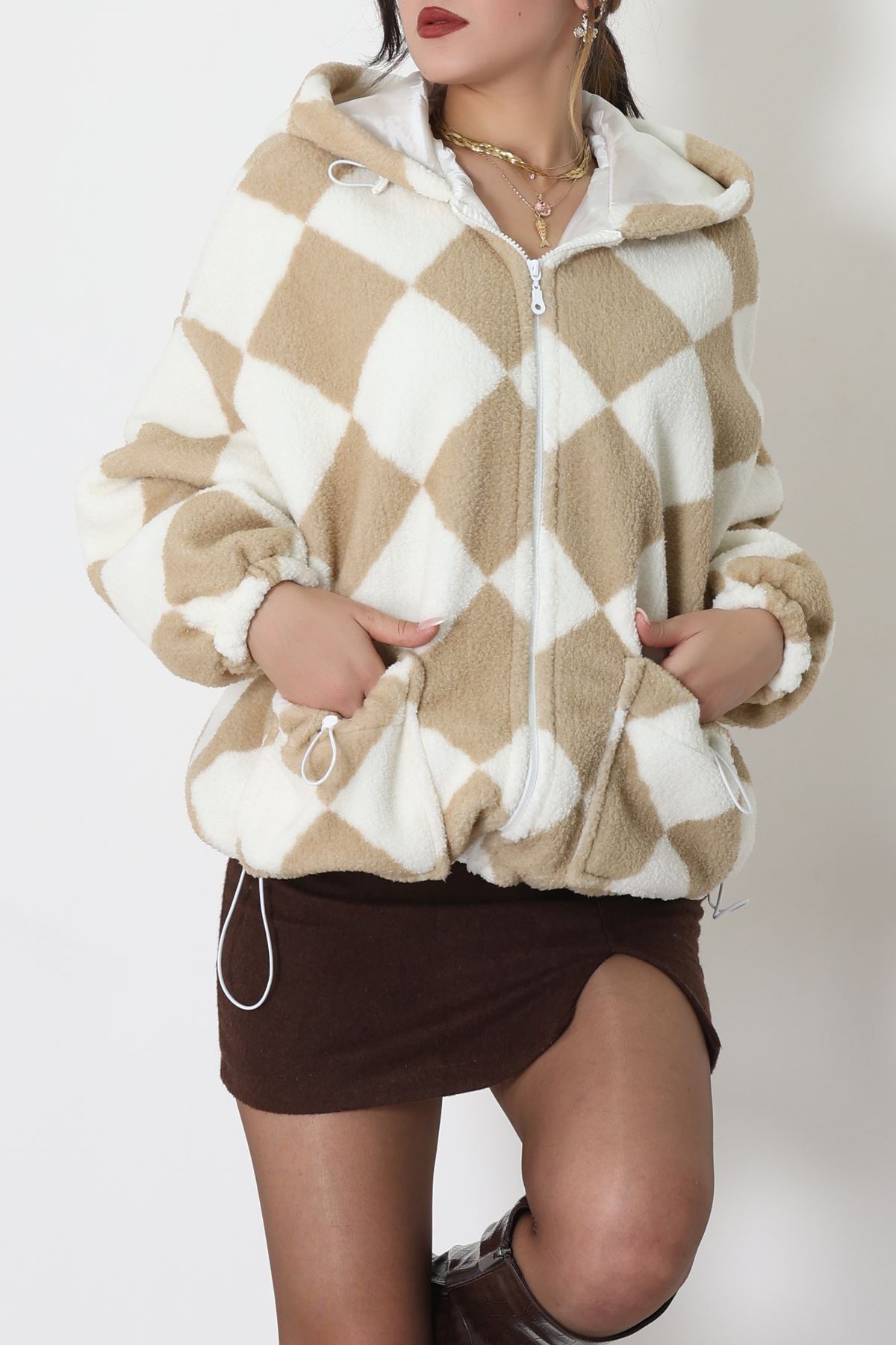 Kareli Kapşonlu Astarlı Mont Açıkvizon - 4047.1247.