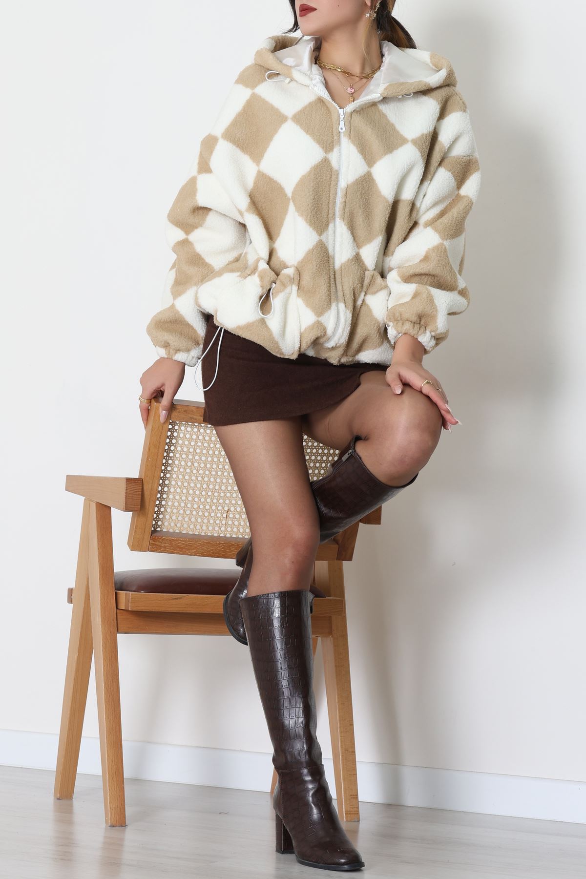 Kareli Kapşonlu Astarlı Mont Açıkvizon - 4047.1247.