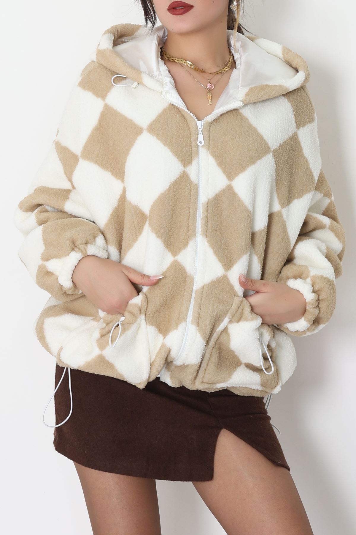 Kareli Kapşonlu Astarlı Mont Açıkvizon - 4047.1247.