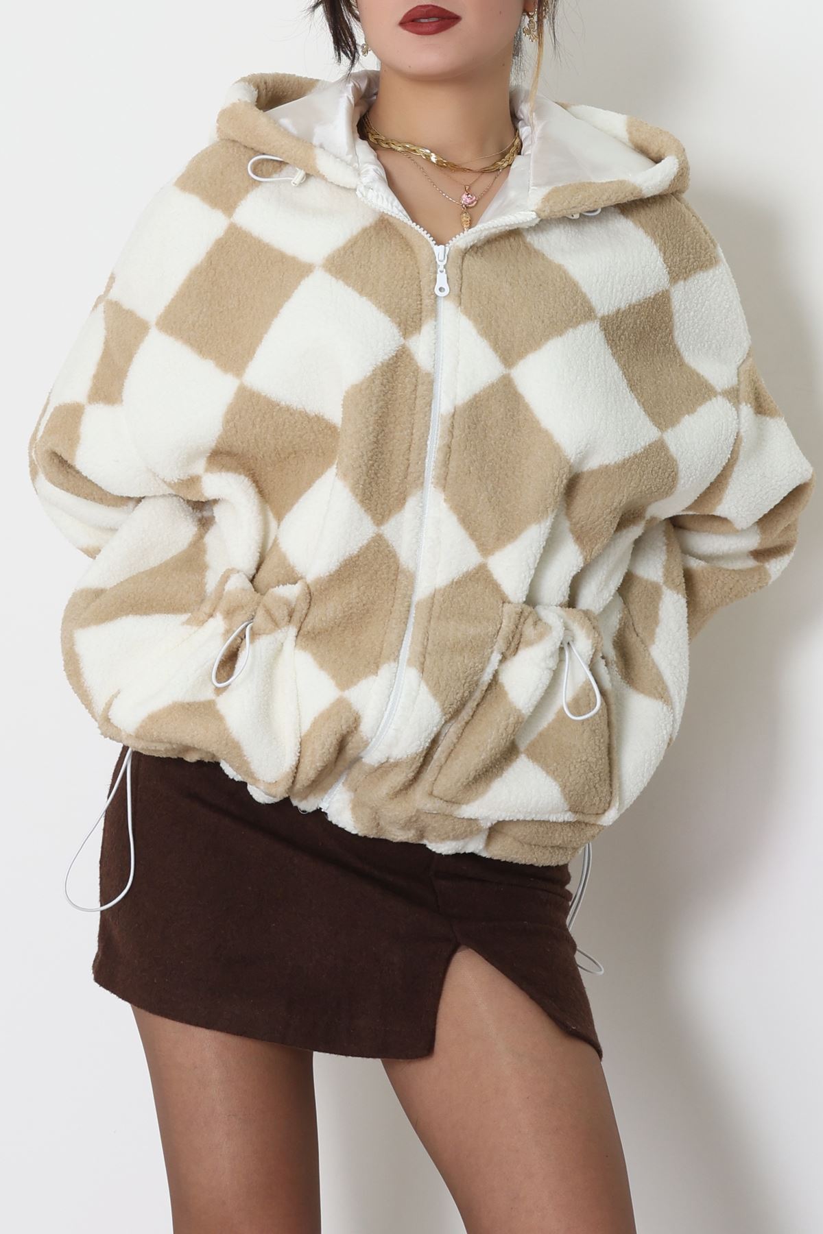 Kareli Kapşonlu Astarlı Mont Açıkvizon - 4047.1247.