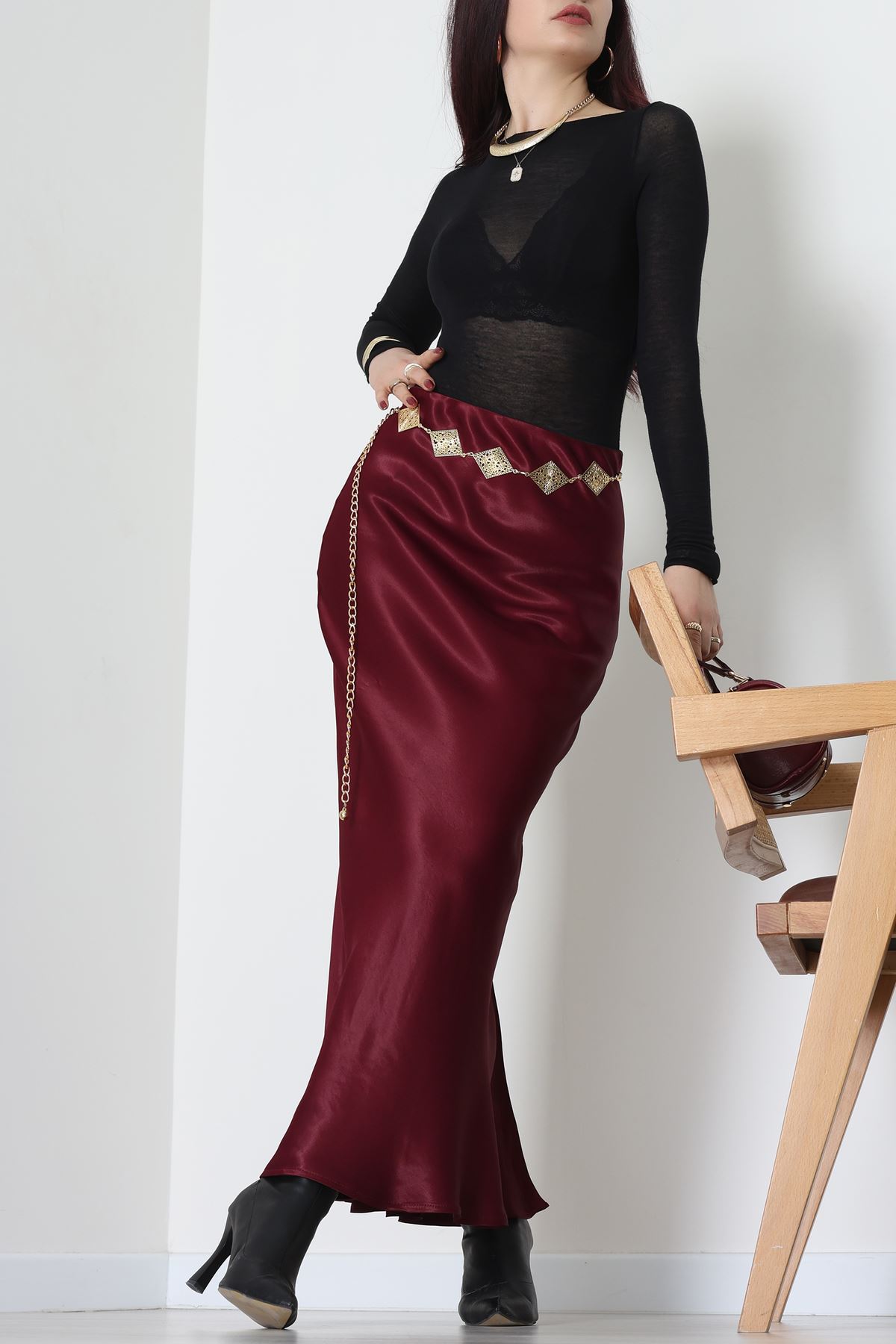 Beli Lastikli Verev Kesim Saten Etek Bordo - 51242.2077.