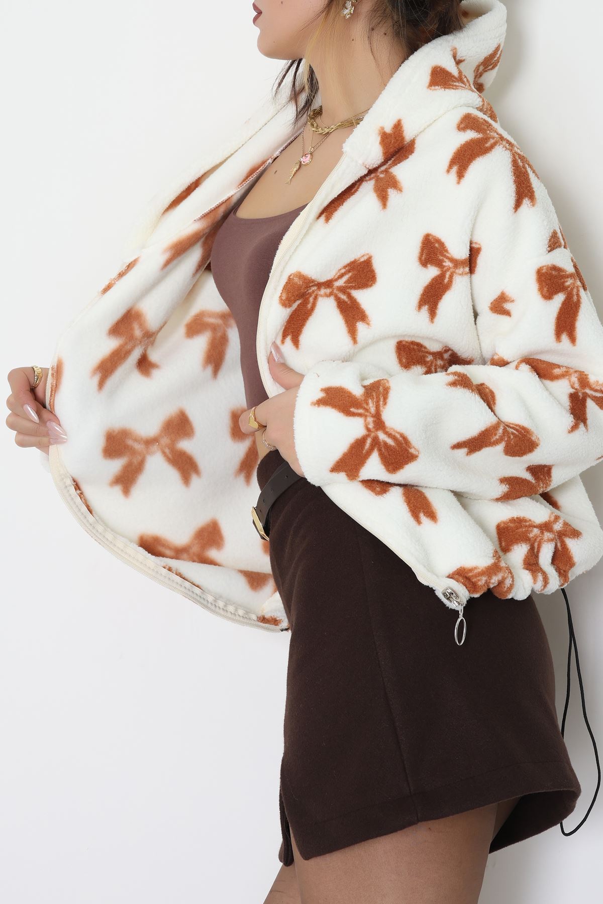 Baskılı Kapşonlu Polar Ceket Ekrukurdele - 31711.1247.