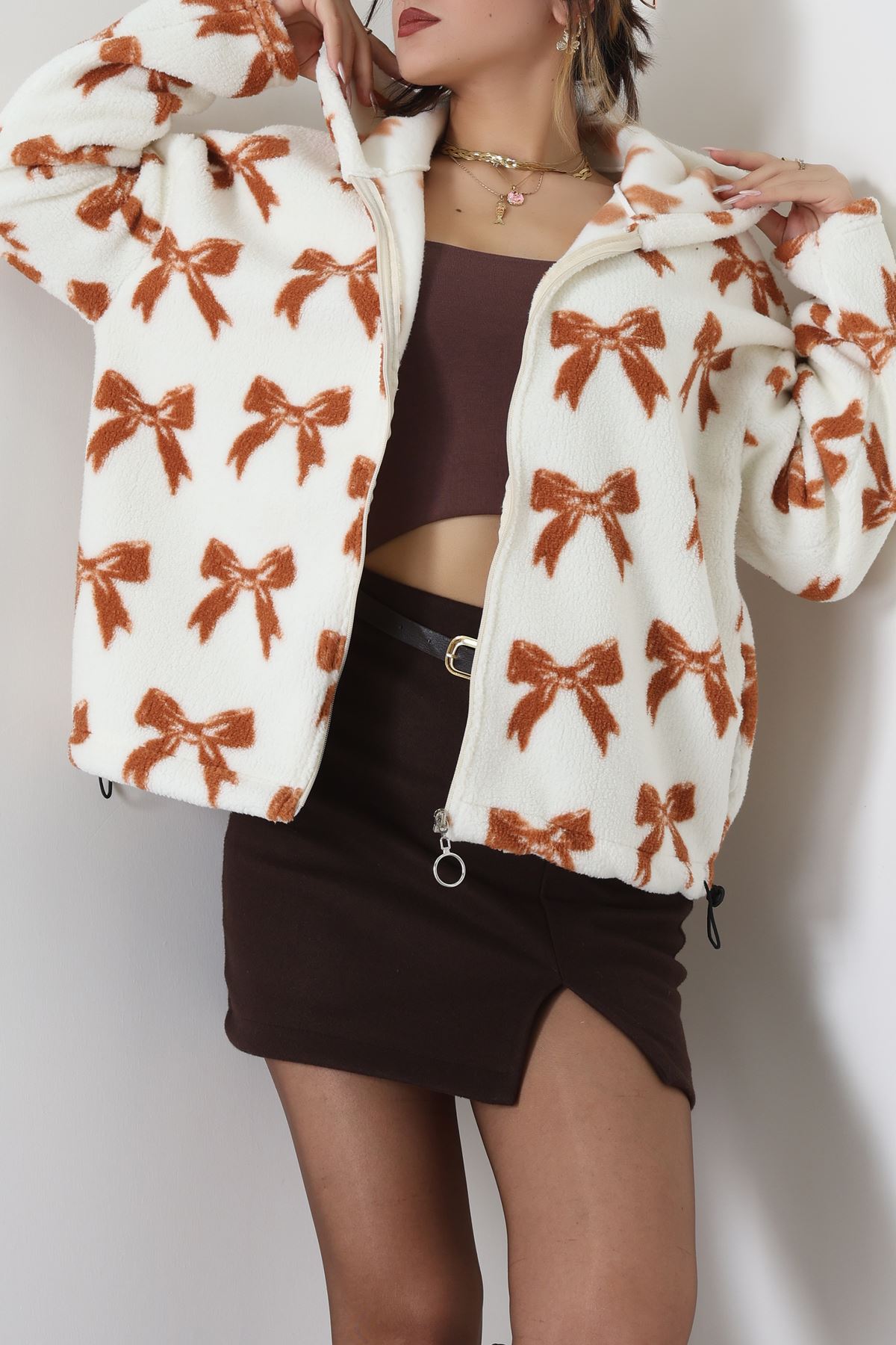 Baskılı Kapşonlu Polar Ceket Ekrukurdele - 31711.1247.